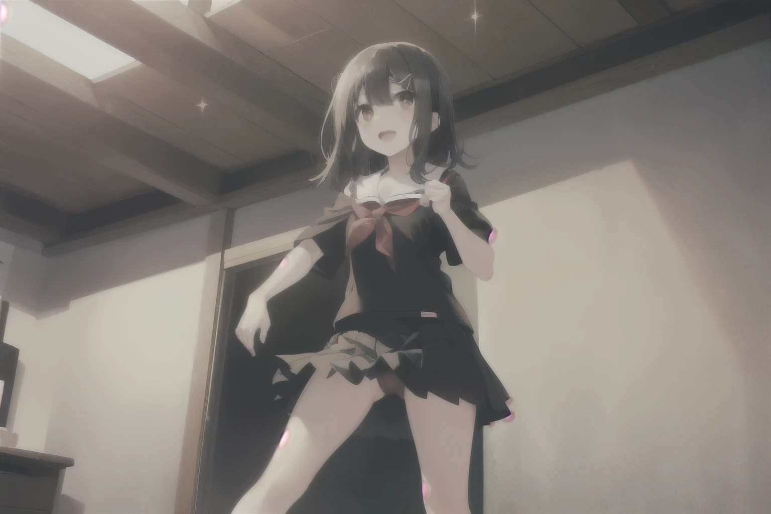 school swimsuit:1.3, (miyu edelfelt, Prisma☆Illya, black hair, brown eyes, medium hair, x-shaped hair ornament), (masterpiece, best quality, ultra-highdetail, extremely detailed illustration,intense shadows, 8k quality), very short pleated skirt, low angle, from below, happy smile, embarrassed,sparkling pupils, gleaming skin, open mouth, looking at viewer, full body, five fingers, Standing, very short pleated skirt,