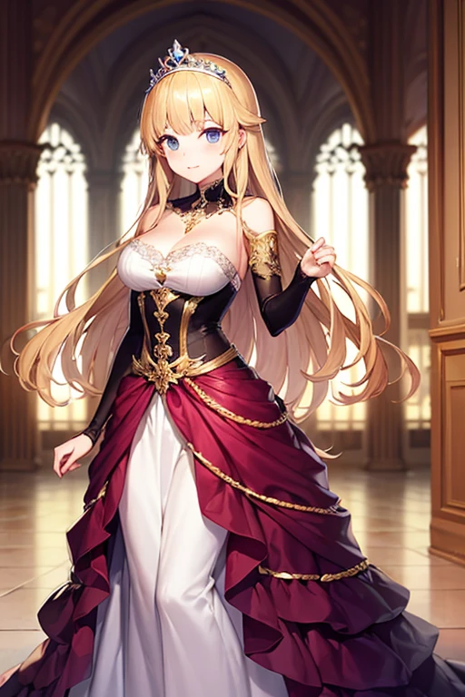 The gorgeous interior of the castle、Princess in a beautiful dress、Blonde、Medium breast、tiara、、Are standing