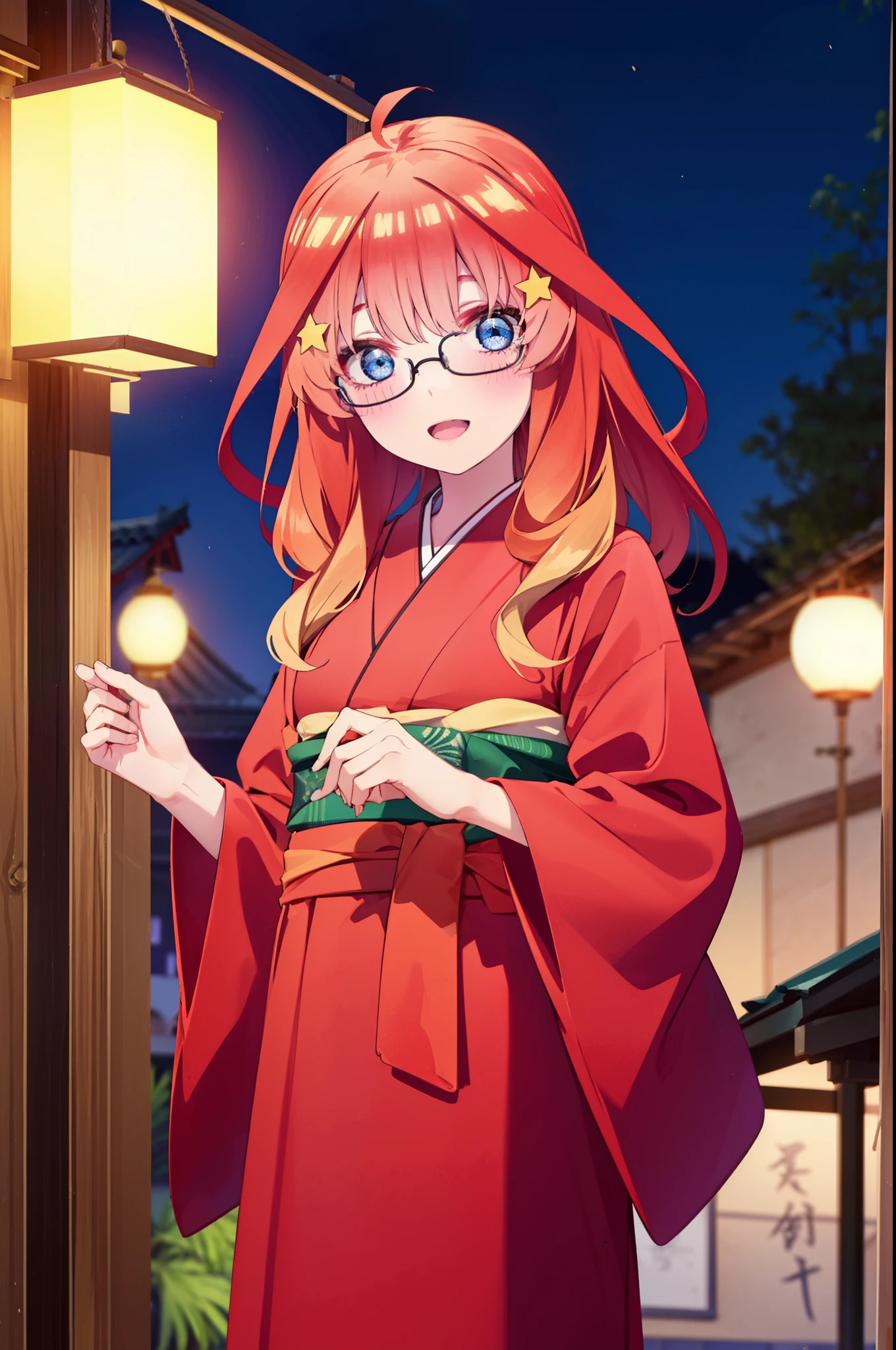 itsukinakano, Itsuki Nakano, bangs, blue eyes, Hair between the eyes, Ahoge, Redhead, star \(symbol\), hair ornaments, star hair ornaments,Akagi Glasses,smile,blush,Happy atmosphere,Open your mouth,Long Hair,Tie your hair back,red kimono,Thick sleeves,Sandals,White tabi,night空の花火,Fireworks display,Japanese Festivals,Summer festival food stalls,Red Lantern,night,イラストにwhole bodyが入るように, night
break outdoors, shrine, break looking at viewer,whole body,
break (masterpiece:1.2), highest quality, High resolution, unity 8k wallpaper, (shape:0.8), (Beautiful and beautiful eyes:1.6), Highly detailed face, Perfect lighting, Extremely detailed CG, (Perfect hands, Perfect Anatomy),