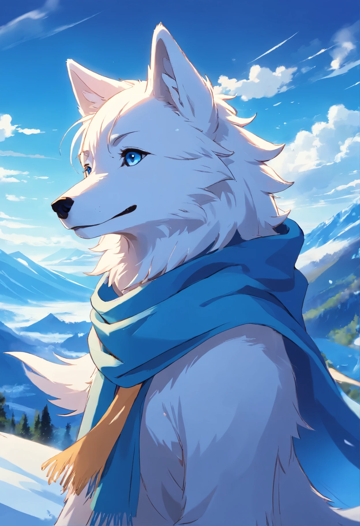 furry, humanoid wolf, white wolf, blue scarf, blue eyes, looking at the sky, full quality