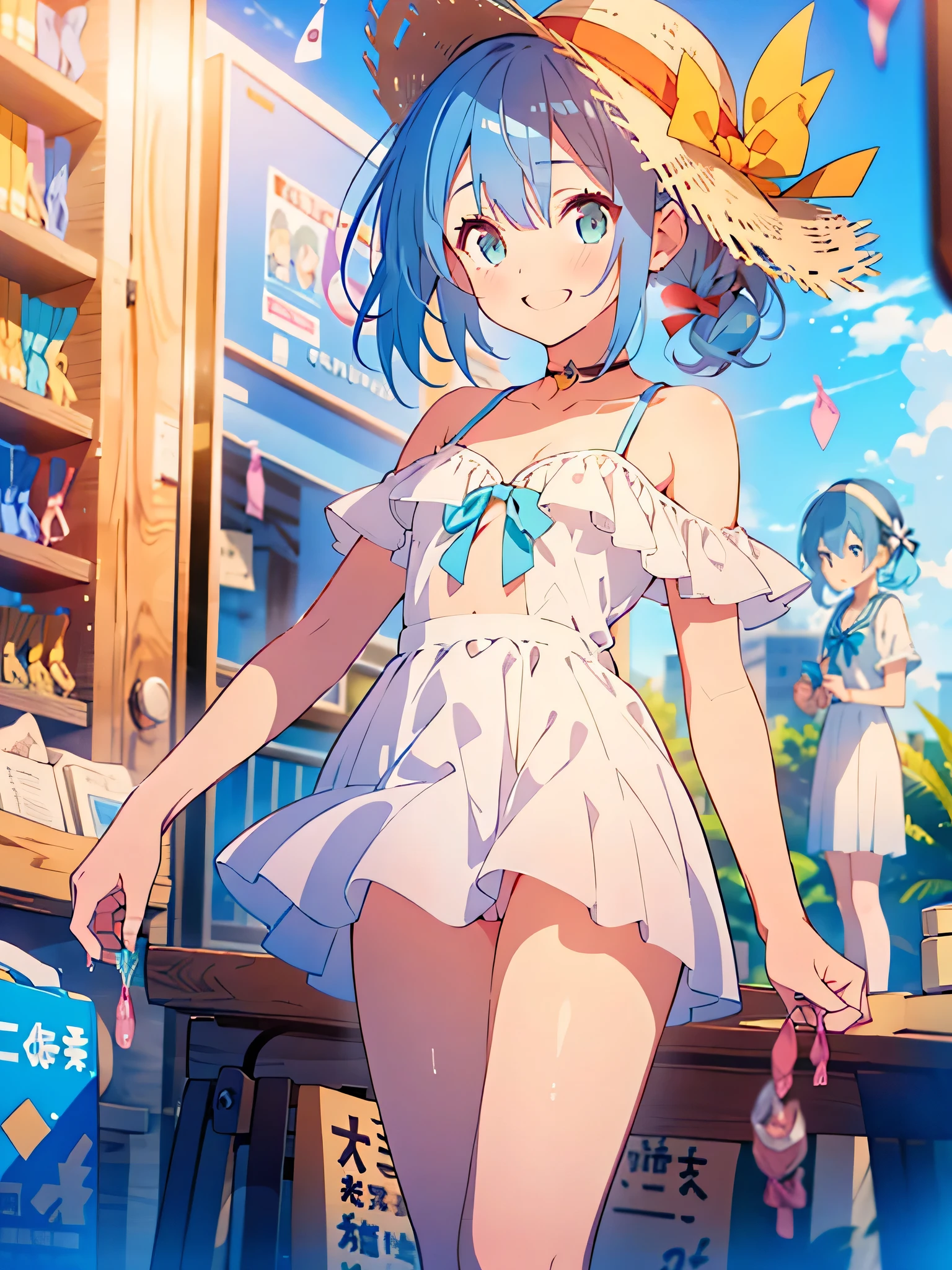 NSFW:1.4,masterpiece, best quality, (((color trale))),looking at viewer,aquamarine image,((short stature))
1girl, solo, open eyes,smile, standing,shoulder cutout, dress,((((blue hair)))),blue panty,green eyes,grim eyes, pigtail, blush, shortcut hair, white dress, clothing cutout, bangs, necklace, blurry, hand between legs, aquamarine background, between legs, bow, facing viewer, small breasts, bare shoulders, straw hat, day, collarbone, hair bow, short sleeves, feet out of frame, ribbon,depth of field, hair over shoulder,day,(((have a used condom:1.4))),