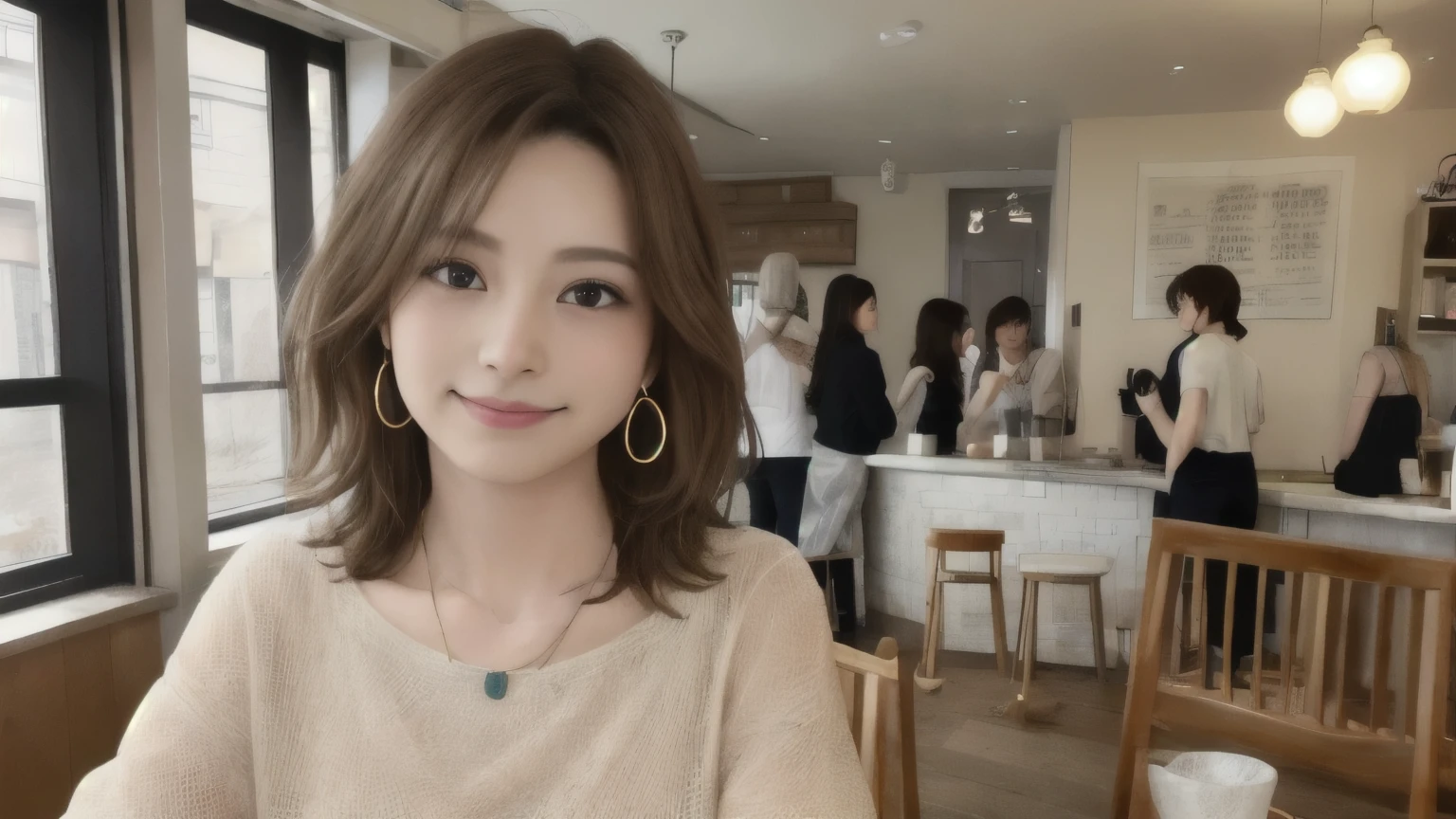 super high quality, Short Hair, Slender, Gravure photoshoot, The staff is working at the counter in the back., (8k、RAW Photos、highest quality、masterpiece:1.2), Japanese Idol, Shaggy, Sportswear, Stylish café, The cafe is crowded with people enjoying themselves., (Realistic、Photorealistic:1.37), Mesh Hair, Urban Cafe, Golden Ratio, Raw photo, Cute face , Light Brown Hair, Earrings, Small breasts, Bright cafe interior, Spring Clothes, necklace, Spoiled, Smile, Hair blowing in the wind, Neat clothes, 18-year-old, younger sister,