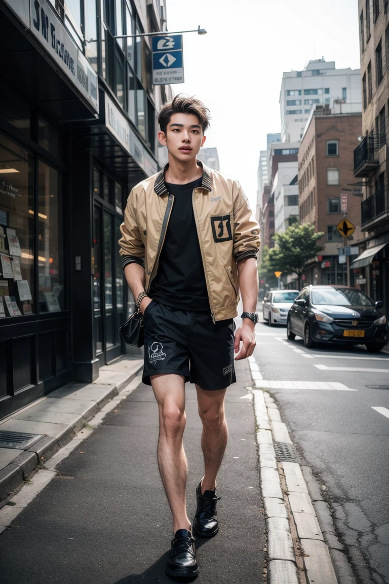 beautiful everyday men's clothing, shorts, street, one person, detailed fabric, vibrant colors, natural lighting, urban backdrop