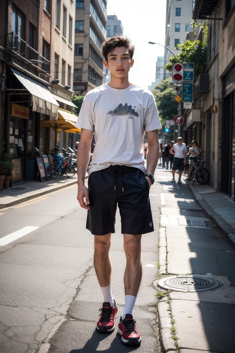 beautiful everyday men's clothing, shorts, street, one person, detailed fabric, vibrant colors, natural lighting, urban backdrop
