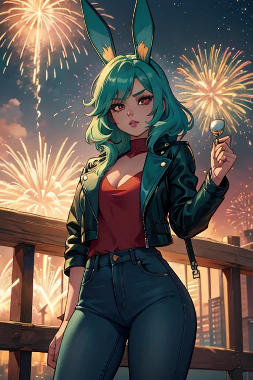 A light teal haired woman with one red eye and one green eye with an hourglass figure with light teal bunny ears wearing a leather jacket and jeans is watching fireworks