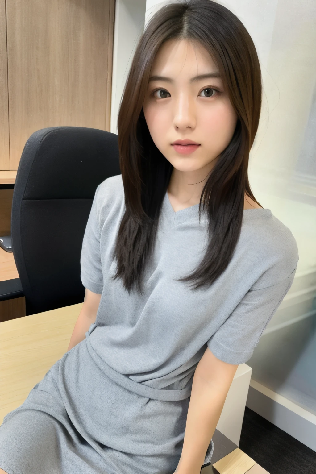 A Japanese woman, 20 years old, slender figure, very thin waist, Beautiful face, beautidful big eyes, black long hair, wearing a tight and short gray knit dress with a V-neck design, sitting on a desk in an office, gently looking at you, 1girl in, Solo, Detailed face and eyes, detailed fingers and arms. Full body photo. Realistic, Photorealistic.
