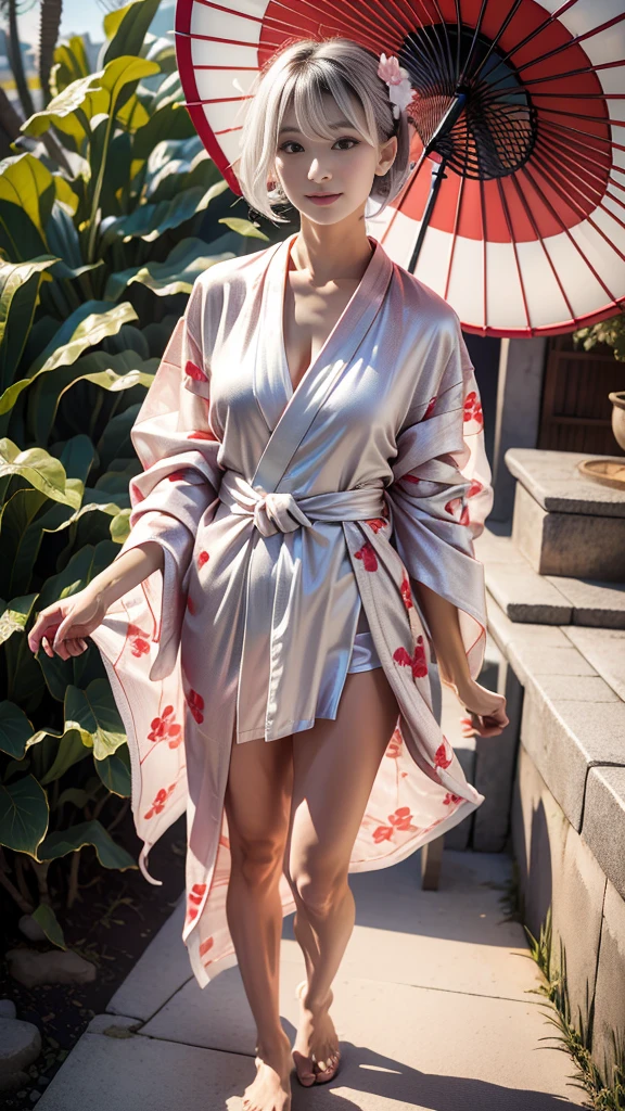 There is a woman wearing a kimono and holding a flower-patterned umbrella......, in a kimono, in a kimono, Kimono, pale and coloured kimono, Wearing kimono, wearing silver silk robe, japanese kimono, shikamimi, sakimichan, In silver silk robes, Anime Girl , goddess of Japan, Ayami Kojima Amano, portrait a woman like reol, Wearing a kimono