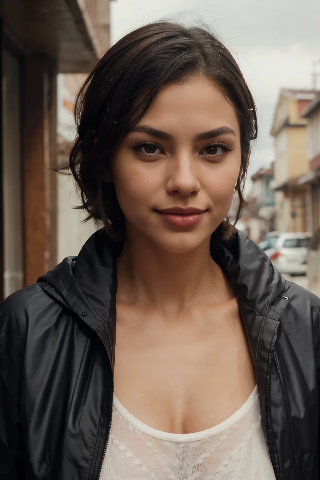 Christen Harper con una hermosa cara madura, tez oscura, short hair tied back, cejas grandes y tatuadas, Mirando directamente al espectador, brunette, senos extra grandes Representado de manera realista, usando una chompa impermeable north face para el frio que complementa su color de cabello, mostrando sus hombros y cuello, voluptuosa, con un bronceado acentuado y joyas elegantes, lipstick staining her lips, nariz definida, sonriendo, on a rainy and cold day