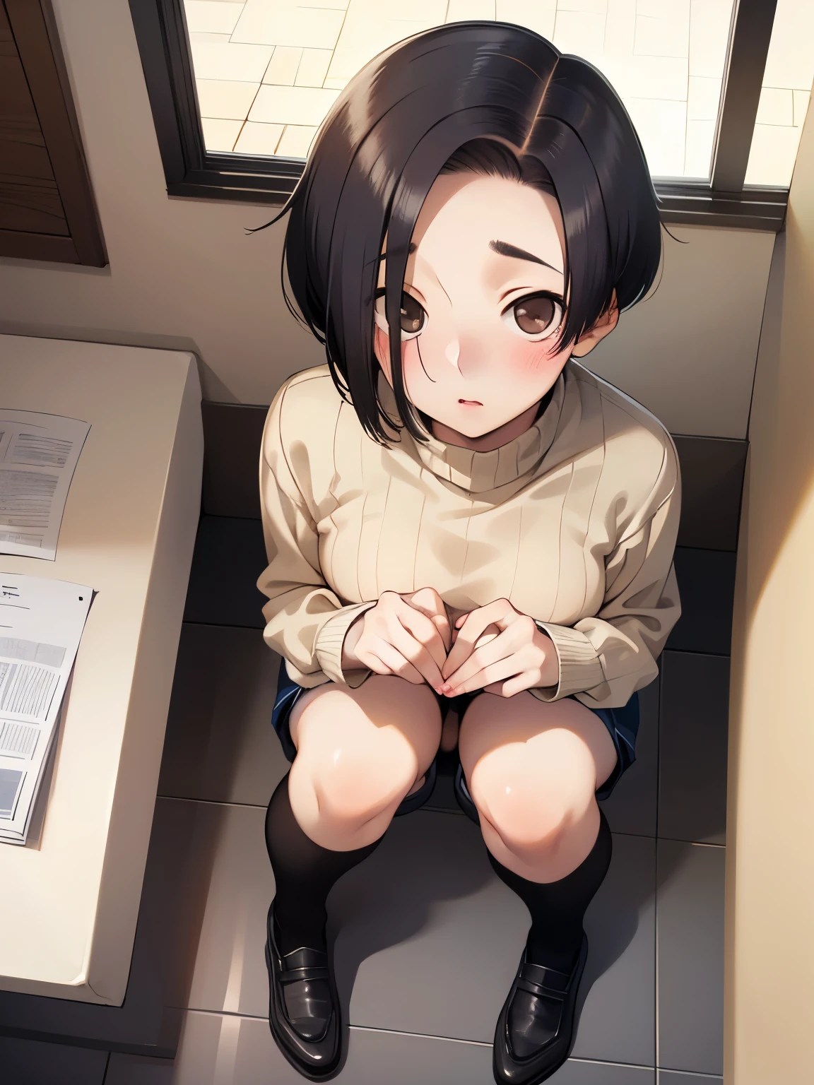 NSFW,Aarinko、short hair、Black Hair、Bobcut,Turtleneck sweater,Shorts,Knee-high socks,Embarrassed,blush,(Perfect hands),(Perfect Anatomy),(masterpiece),(highest quality),Looking up,Lonely look,Department Wah Street,Window Shopping,looking at the camera,Look Up