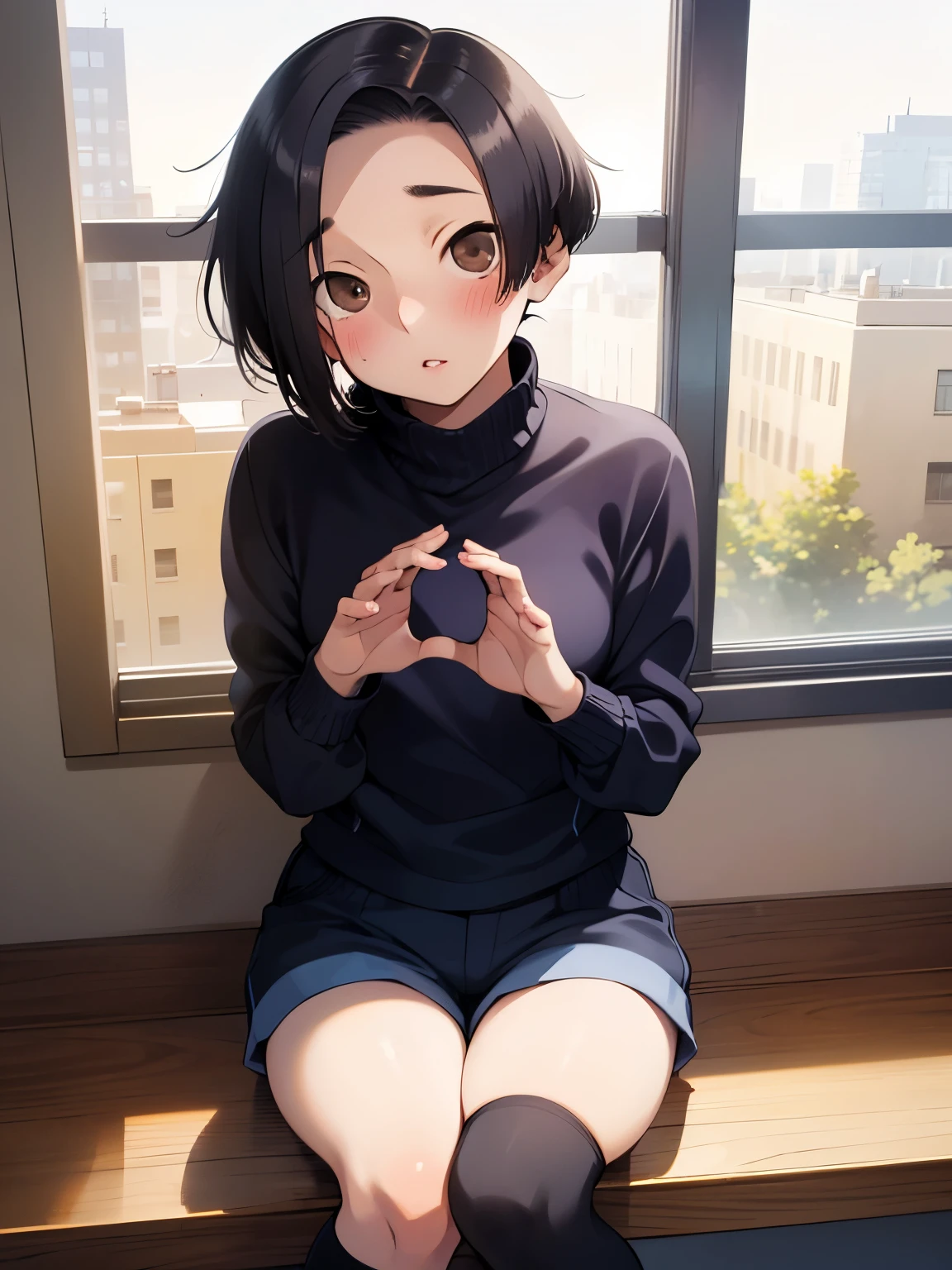 NSFW,Aarinko、short hair、Black Hair、Bobcut,Turtleneck sweater,Shorts,Knee-high socks,Embarrassed,blush,(Perfect hands),(Perfect Anatomy),(masterpiece),(highest quality),Looking up,Lonely look,Department Wah Street,Window Shopping,looking at the camera,Look Up