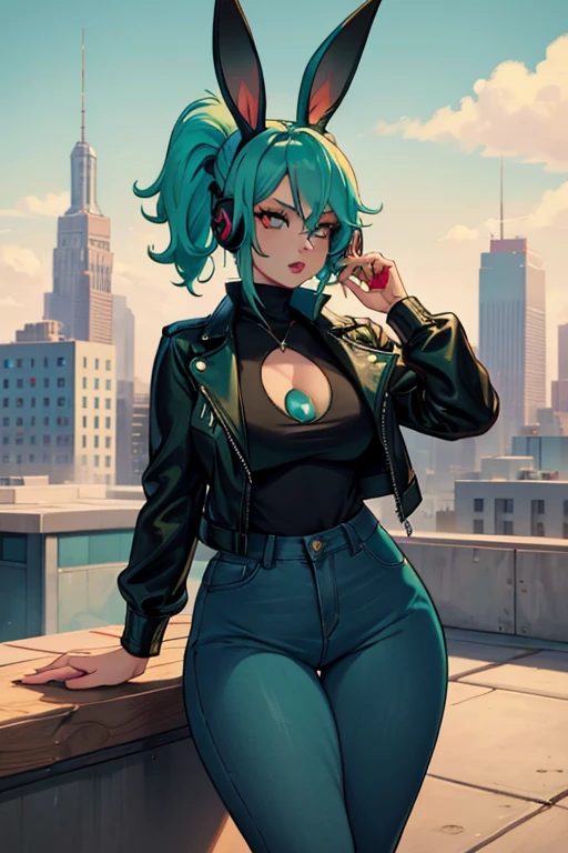 A light teal haired woman with one red eye and one green eye with an hourglass figure with light teal bunny ears wearing a leather jacket and jeans is listening to music on a rooftop