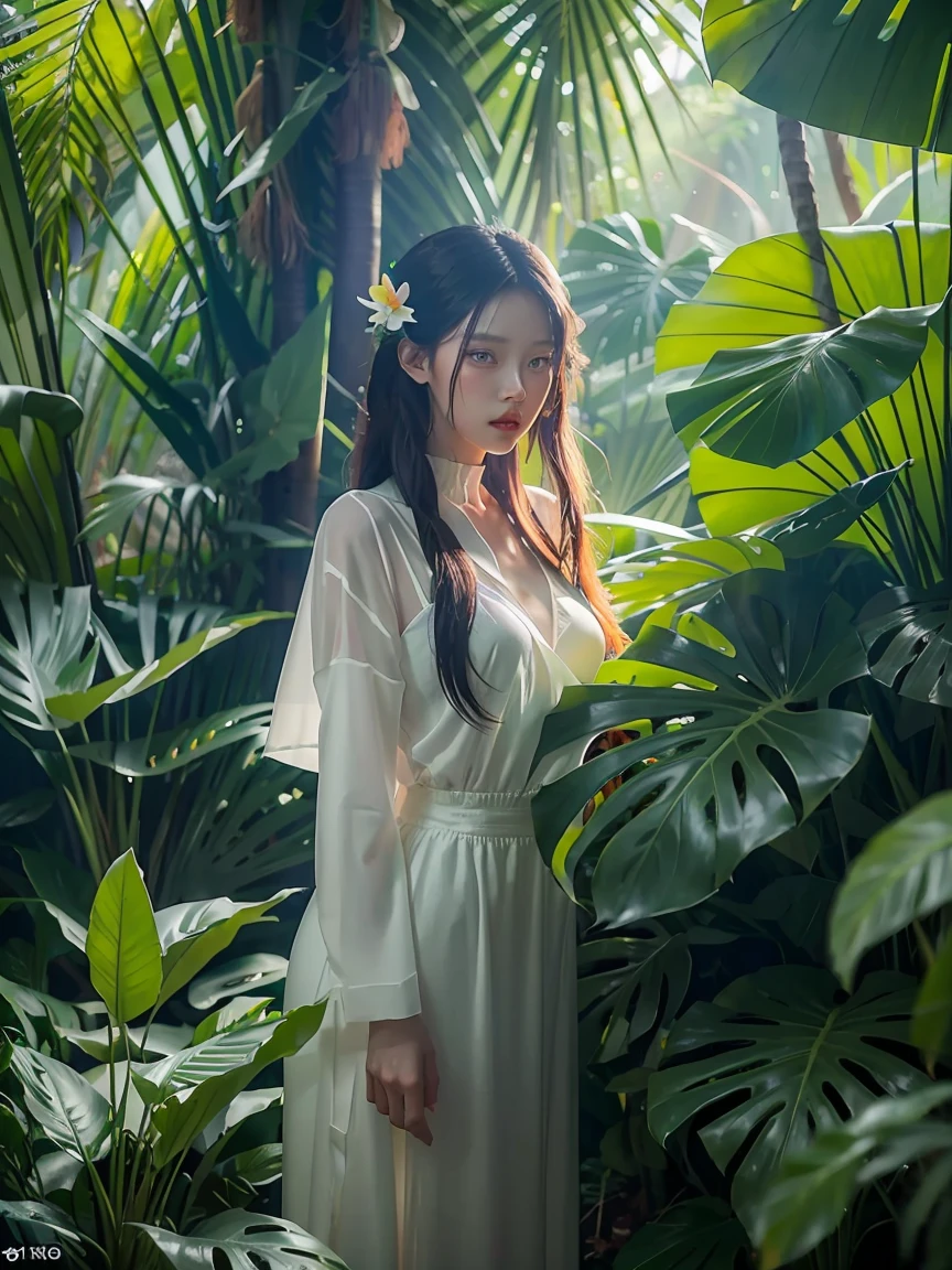 there are two people standing in a jungle with plants, artwork in the style of guweiz, inspired by Yanjun Cheng, in a tropical forest, by Yang J, in the art style of bowater, 🌺 cgsociety, loish and ross tran, in a jungle, by Ni Tian, by Ryan Yee, loish and wlop