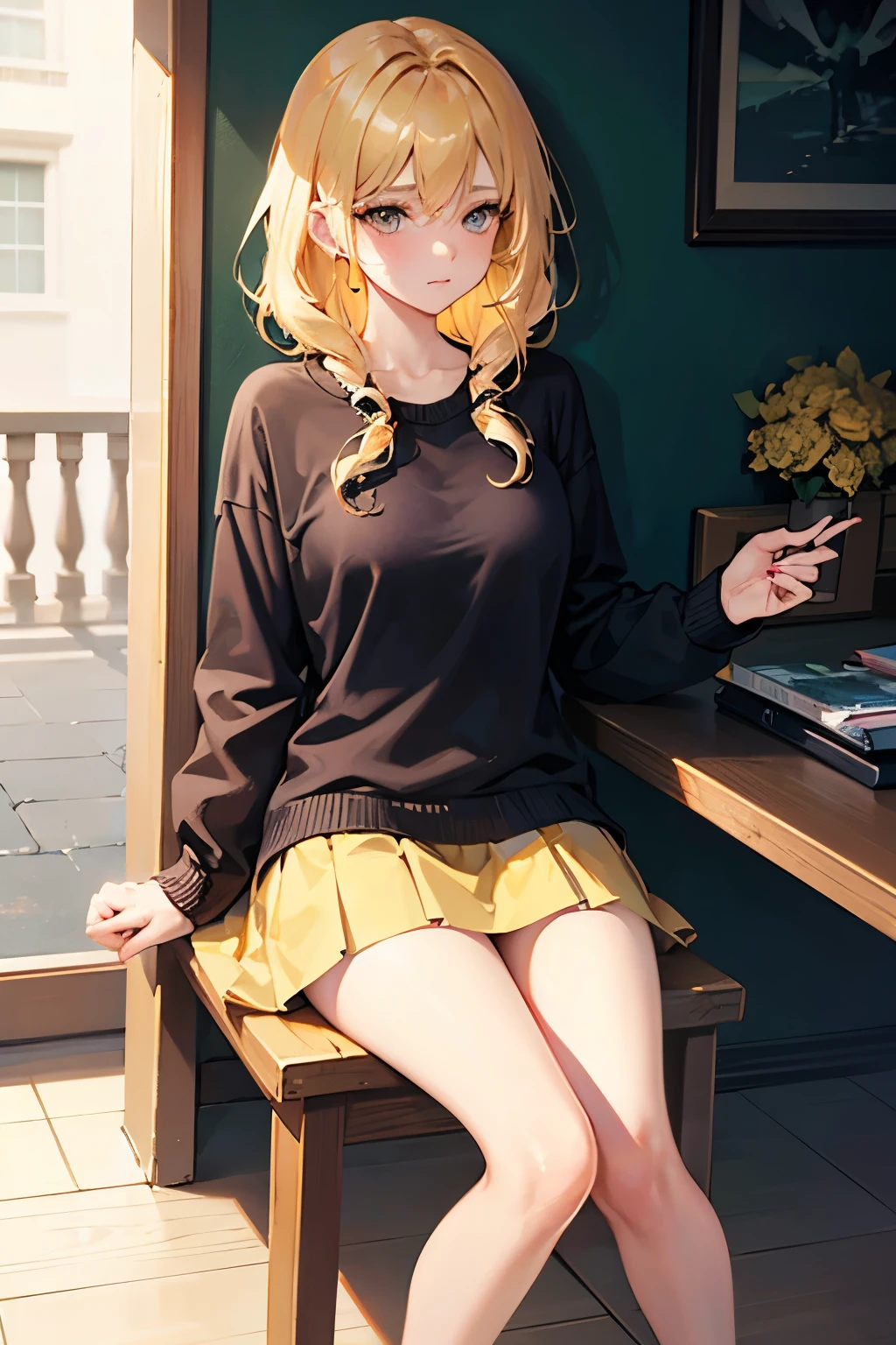 a close up of a woman in a short skirt and a sweater, trending at cgstation, anime barbie doll, guweiz, render of april, trending on cgstation, anime girl in real life, anime vtuber full body model, anime girl cosplay,((short wavy Creamy Golden Blonde hair)),(Creamy Blonde hair),(short hair),(wavy hair),(golden eyes), ( 16 years old),