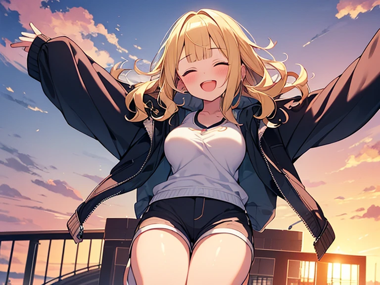 Masterpiece, Top quality, 1 beautiful girl, Blonde, medium Hair, wavy Hair, blunt bangs, silky hair, 16 year old, standard weight, (big breasts :1.1), (cool jacket, Shorts :1.3), (happy :1.4), blush, closed eyes, open mouth, beautiful scene of theme park, blurry background, magnificent panorama view, sunset, (jumping:1.4), from below