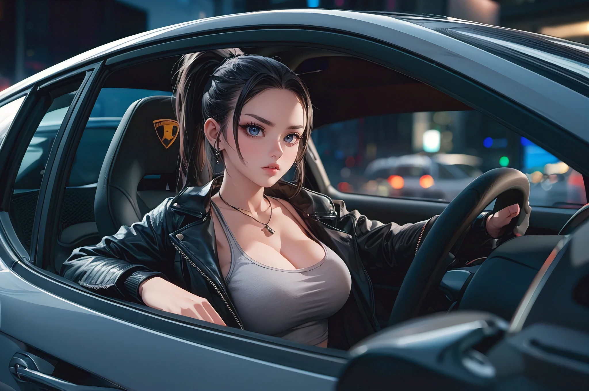A photorealistic 3D render of an attractive, busty, and beautiful anime woman with dark makeup and a high ponytail, wearing a tank top and leather jacket. She is annoyed and wearing a necklace. She is in the driver's seat of a Lamborghini Huracan, driving through the city at night. The window is up, and the scene is captured in a close-up view from the passenger seat, featuring perfect lighting. The overall ambiance of the illustration is striking and captivating, as the beautiful woman navigates the urban landscape., 3d render, illustration, anime