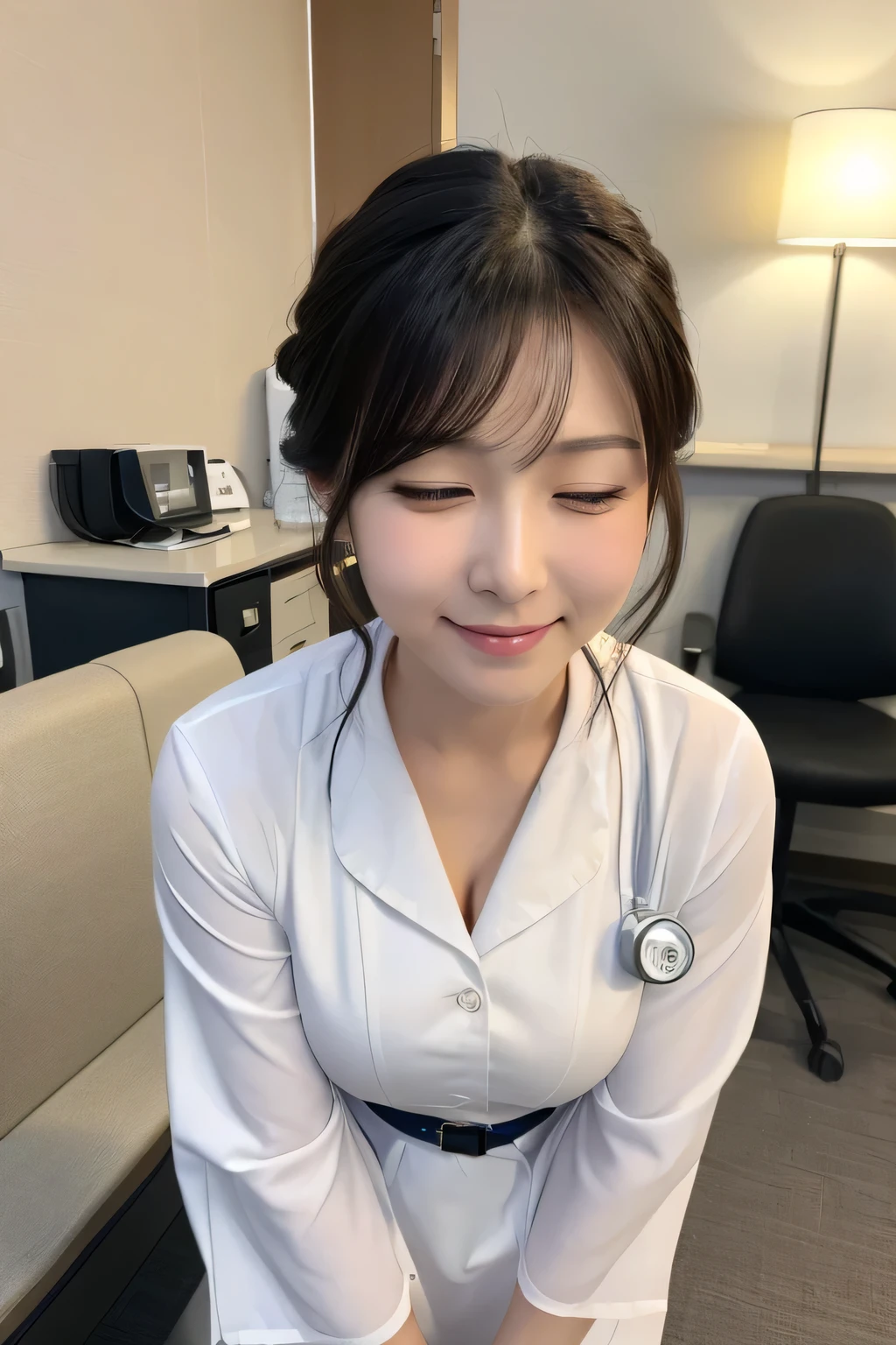 (1 woman)、(Beautiful Japanese、38years old,round face、Refreshing、clear、seems kind、stylish、Pitiful、cute like an angel、cute、black eyes、,actress,Narrow eyes,Adult atmosphere、Slit eyes), Good style , (Beautiful :1.2),(soft breasts),(ve),(Black hair),(updo),(enchanting eyes),(highlight on eyes:1.2)、(8K、Live shooting、highest quality、masterpiece:1.2、optimal lighting)、((masterpiece)),(Photo taken by a professional photographer),(real、photo real:1.4),break,{ (White nurse costume),(((taraditional nurse uniform))),{(White nurse tight pants)},(cleavage:1.0)},(ch red:1.2), break, break,Hospital,Face shot:1.3、Hospital waiting room、Looking at viewer:1.0,Smile、 view,Big Ass,dynamic angle,(Face cl-up),(Both eyes closed:1.4)