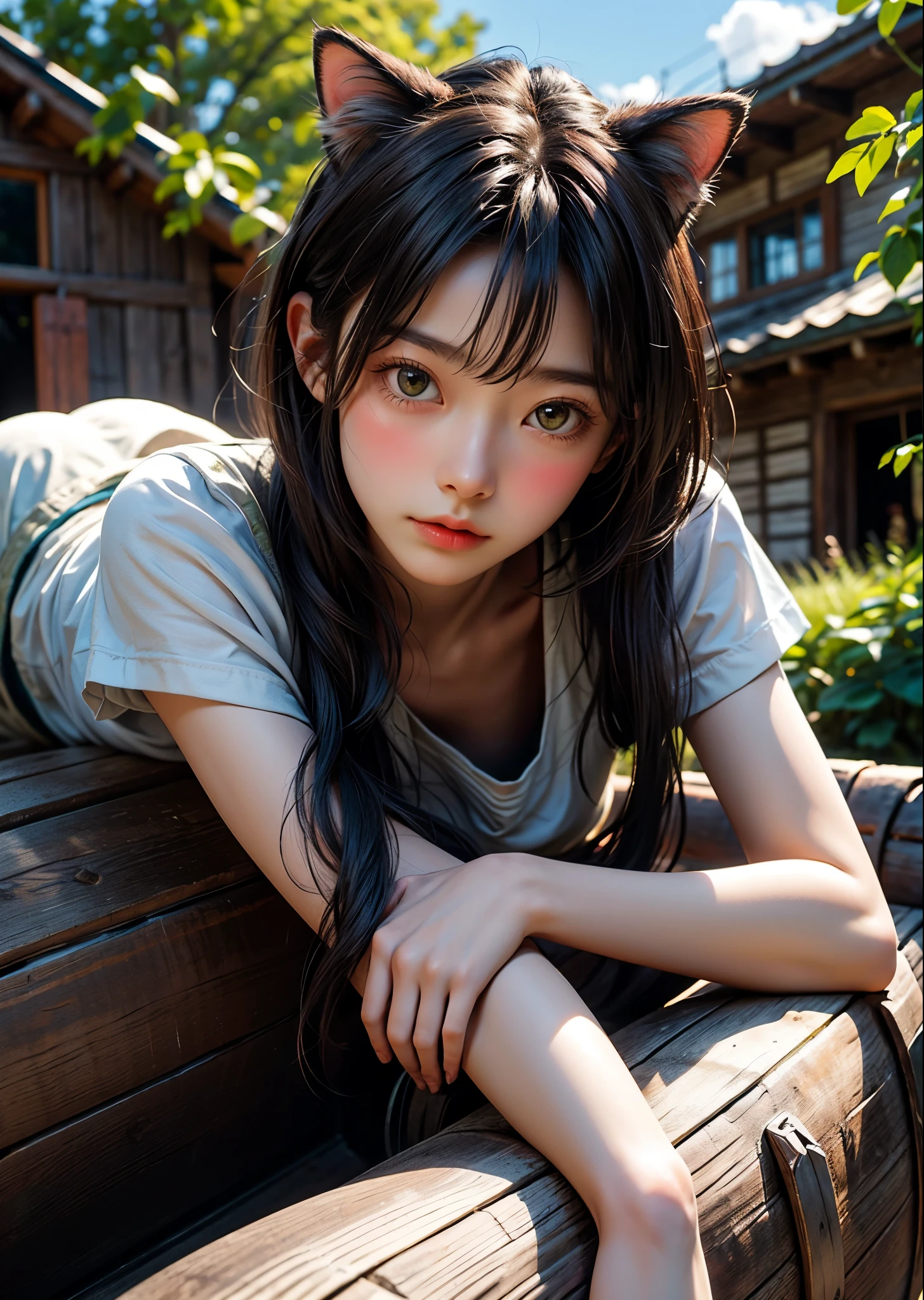A cat lying down on a large wooden barrel in front of an old mud-walled house、Cat staring at you、Brown tabby with eight split patterns、Under the green leaves、White clouds on a clear sky、High color reproducibility、Attention to detail