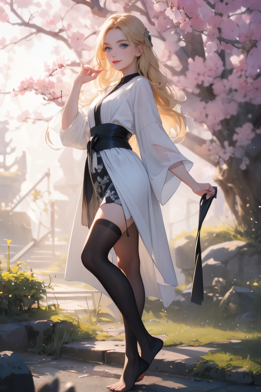 (blond hair,blue eyes,black stockings,no shoes,1 girl,sakura tree,midnight,standing pose, cute face smiling),(best quality,4k,8k,highres,masterpiece:1.2),ultra-detailed,(realistic,photorealistic,photo-realistic:1.37),portraits,physically-based rendering,sharp focus,vivid colors,dark and mysterious lighting,soft pastel color palette,magical atmosphere

