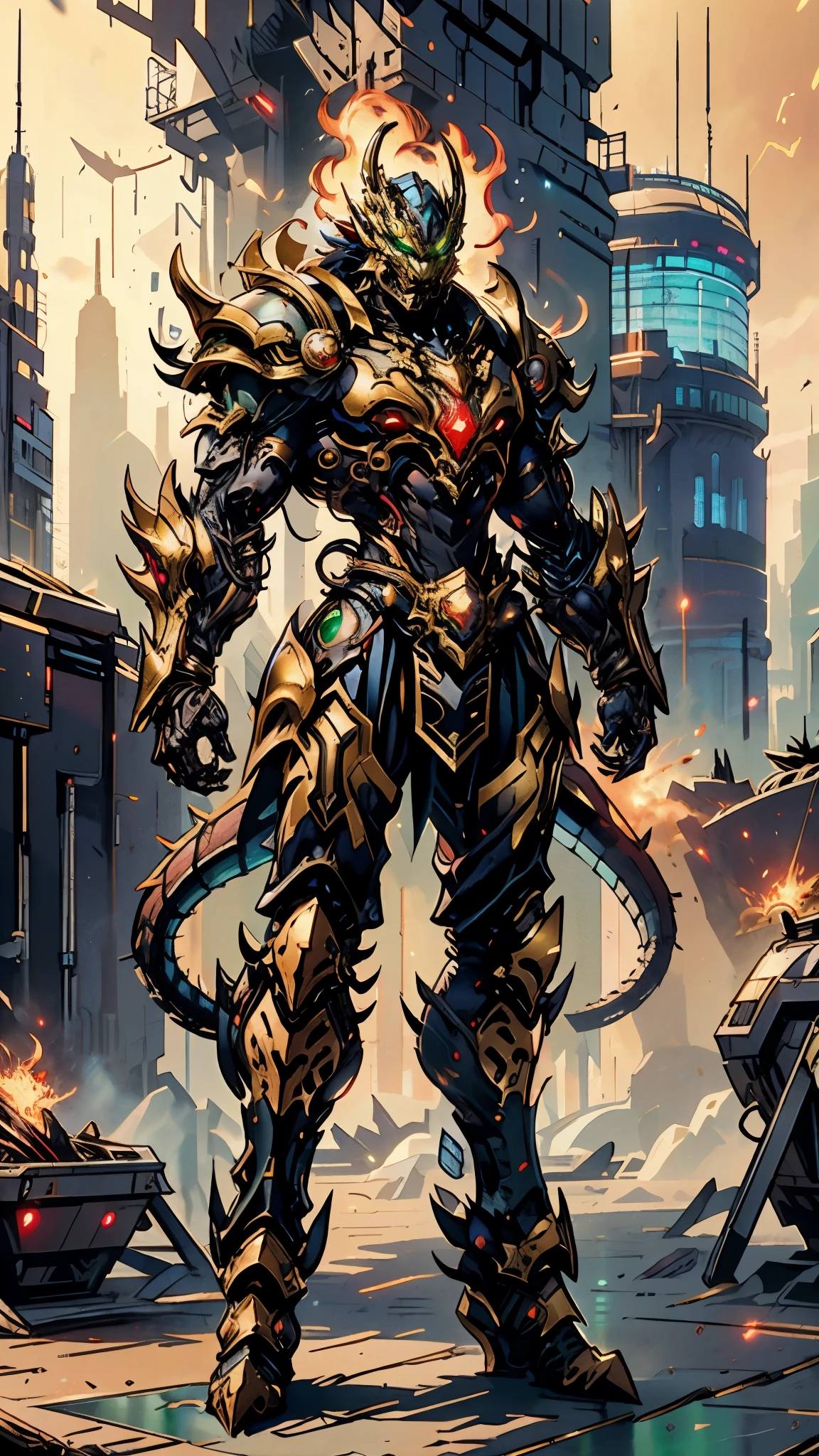 A man wearing a full-face helmet, a fantasy-style biotech armored combat suit, green eyes, (a composite layered chest armor), fully enclosed shoulder guards, matching arm and leg guards, the belt is adorned with dragon claw grasping orbs, (the color scheme is primarily black with red accents), the design balances heavy with agility, a high-tech bio-mecha armor, (Armor Concept Inspired by Dragons, stand on the top of a skyscraper in a futuristic sci-fi city), this character embodies a finely crafted fantasy-surreal style armored hero in anime style, exquisite and mature manga art style, (element, plasma, energy, the armor glows), ((male:1.5)), metallic, real texture material, dramatic, high definition, best quality, highres, ultra-detailed, ultra-fine painting, extremely delicate, professional, perfect body proportions, golden ratio, anatomically correct, symmetrical face, extremely detailed eyes and face, high quality eyes, creativity, RAW photo, UHD, 32k, Natural light, cinematic lighting, masterpiece-anatomy-perfect, masterpiece:1.5