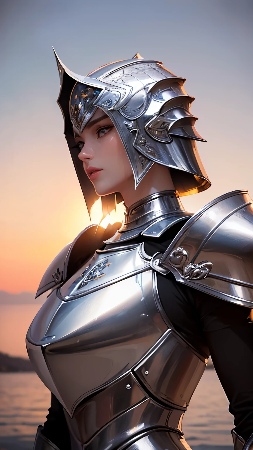 (highest quality,8k,masterpiece,Surreal),Female knight in armor,(Detailed eyes,Beautiful Eyes,Detailed skin,Detailed lips,Lip gloss),Sunburned skin,huge ,narrow,(Armor with great attention to detail,Precision Armor,Luxurious Armor),whole body,