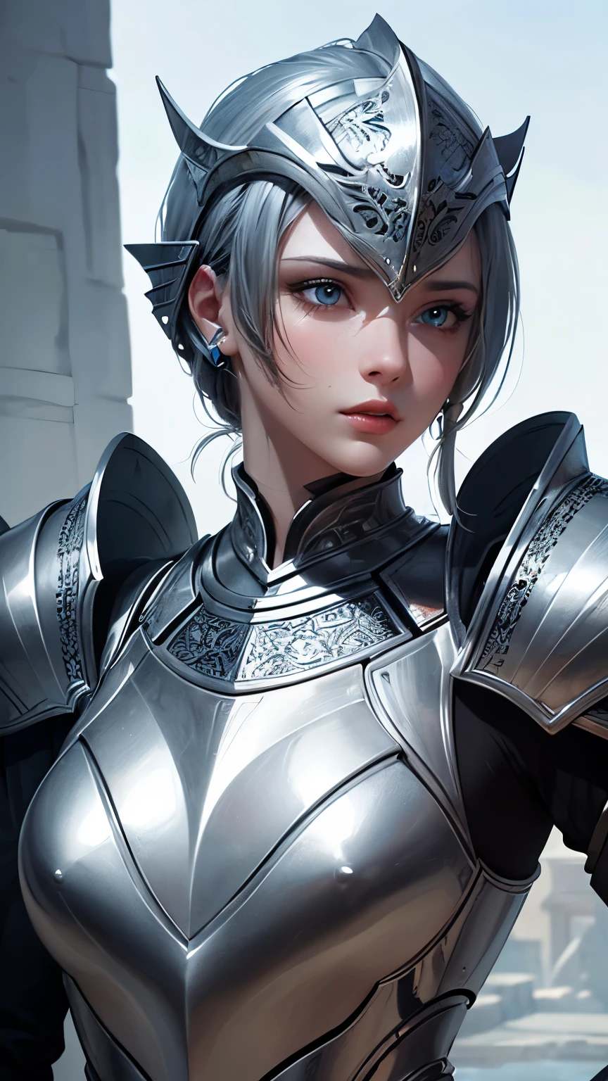 (highest quality,8k,masterpiece,Surreal),Female knight in armor,(Detailed eyes,Beautiful Eyes,Detailed skin,Detailed lips,Lip gloss),Sunburned skin,huge ,narrow,(Armor with great attention to detail,Precision Armor,Luxurious Armor),whole body,