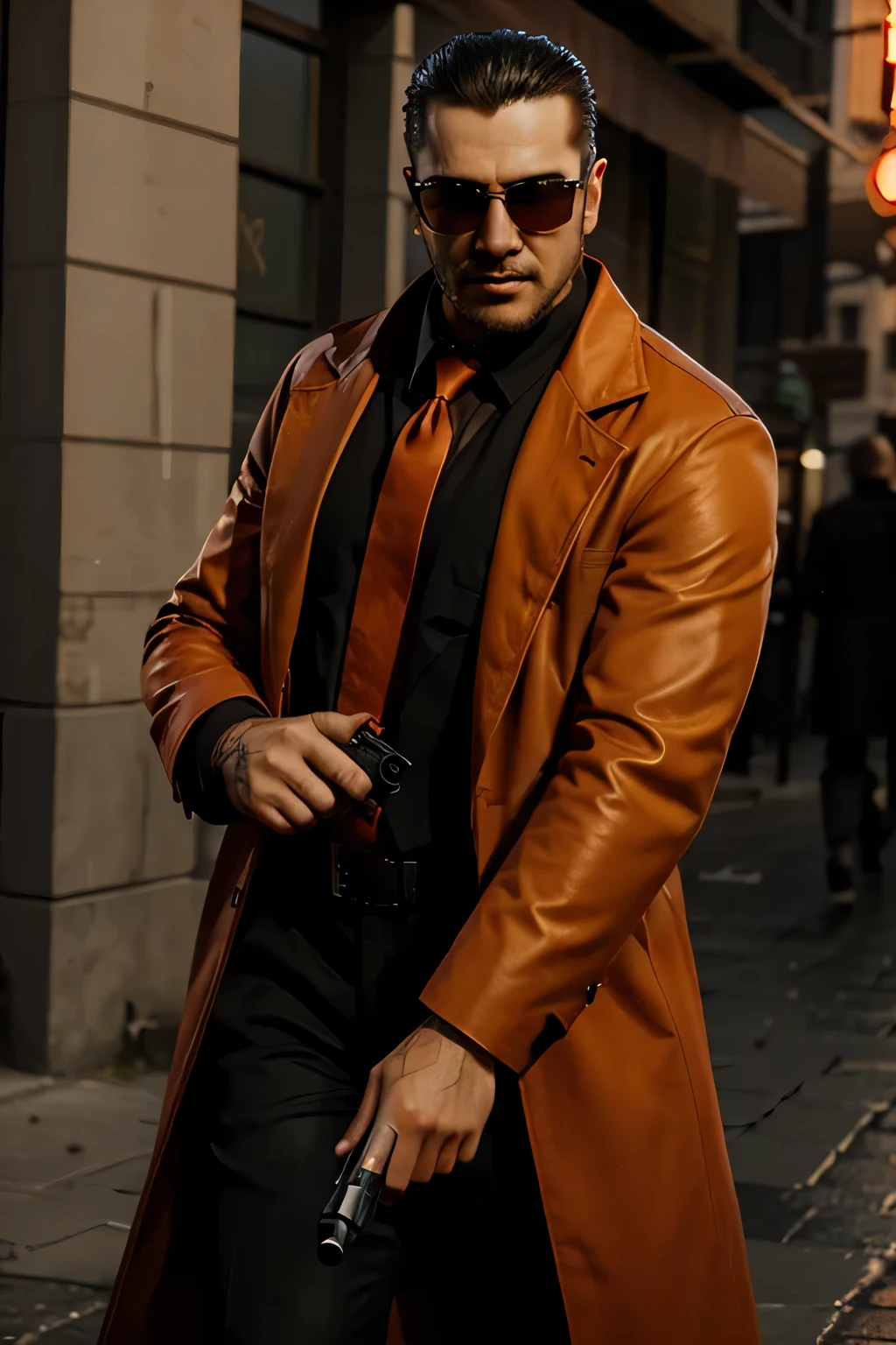 mafia man character  holding gun photorealistic wearing orange sunglasses wearing long coat charismatic stylish 3d game character costume design