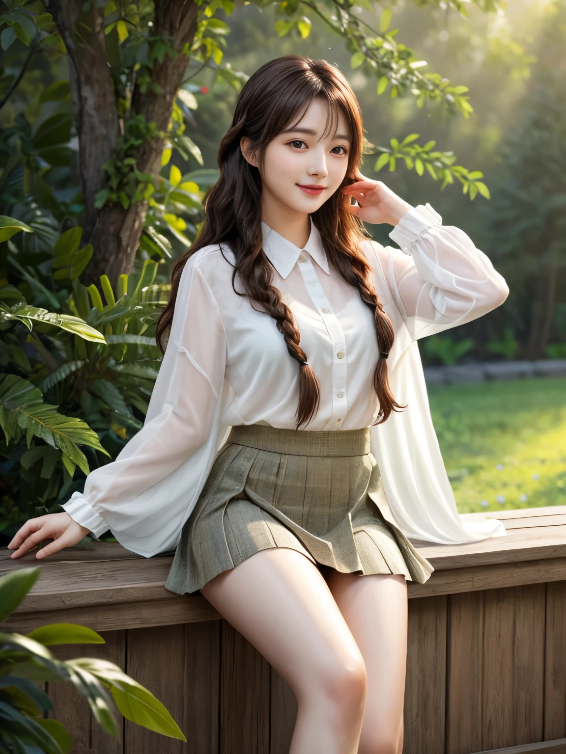 High resolution, highest quality,Very high quality, Very detailed, Surreal, Fantasy, So beautiful and cute, Wavy Hair, mini skirt, 8k wallpaper, The finer details, Very detailed8K壁紙, Cinema Lighting, Sexy pose, (Photorealism: 1.4), Super Detail, masterpiece、Brown long hair、See-through bangs、Braided Hair、Showing the leaves and laughing、