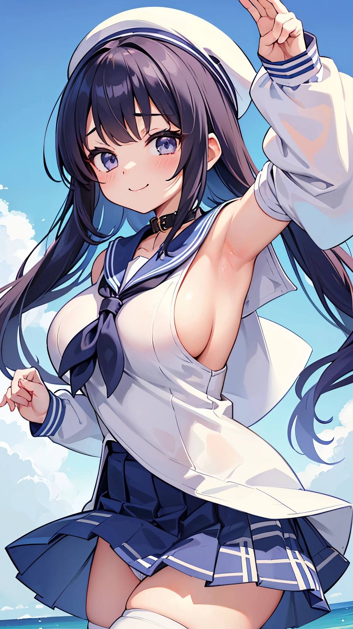20-year-old woman、Japan 、(可愛い色合いのSailor suit)、(white sailor collar)、smile with a sexual expression、Cute hairstyle、Huge breasts 、Side view close-up of shoulder、(Side close-up of the collar)、high resolution、beautiful girl、Sea side、Sailor suit、((White sailor collar))、No sleeve、Checkered Pleated Skirt、stockings、(Big Breasts)、Fluttering chest、Accentuate your breasts、No sleeve、smile、Panty shot、Panty shot、Cute patterned panties、Pants with cute patterns、Show me your armpits