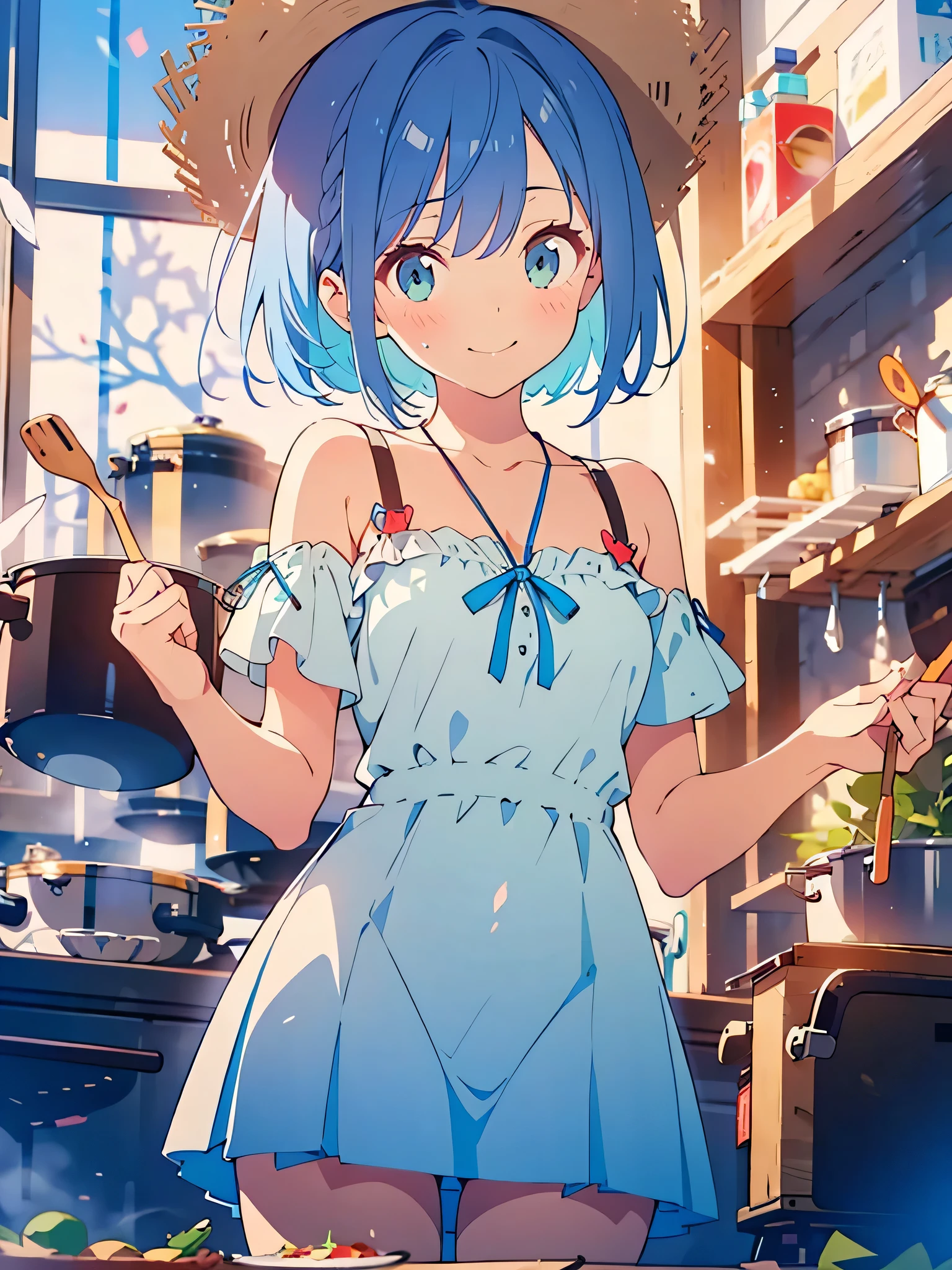 NSFW,masterpiece, best quality, (((color trace))),((short stature))
1girl, solo, open eyes,smile, standing,shoulder cutout, dress,((((blue hair)))),blue panty,green eyes,grim eyes, pigtail, blush, shortcut hair, white dress, clothing cutout, bangs, necklace, blurry, hand between legs, aquamarine background, between legs, bow, facing viewer, small breasts, bare shoulders, straw hat, day, collarbone, hair bow, short sleeves, feet out of frame, ribbon,depth of field, hair over shoulder,((((cooking))))