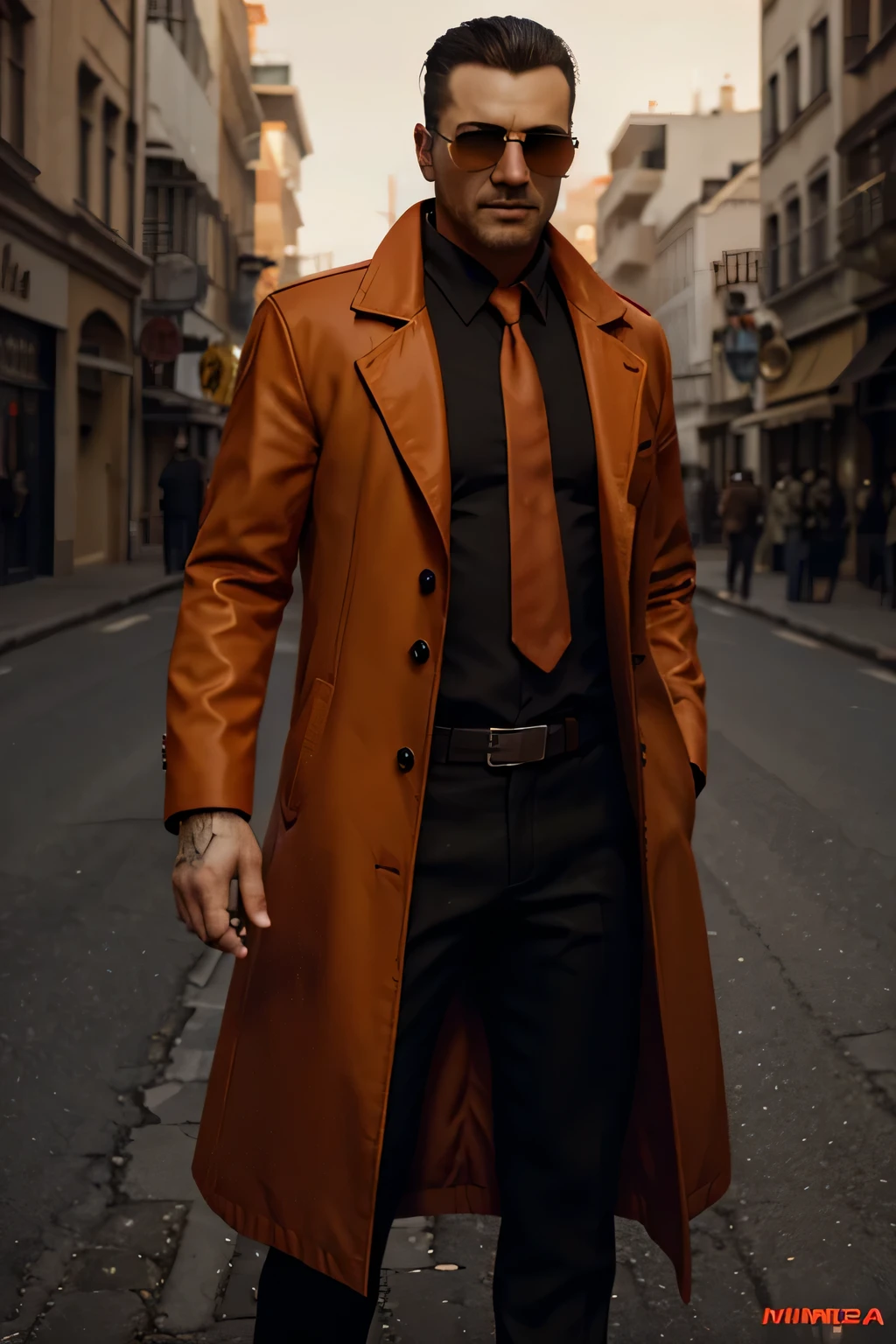 mafia man character  holding gun photorealistic wearing orange sunglasses wearing long coat charismatic stylish 3d game character costume design