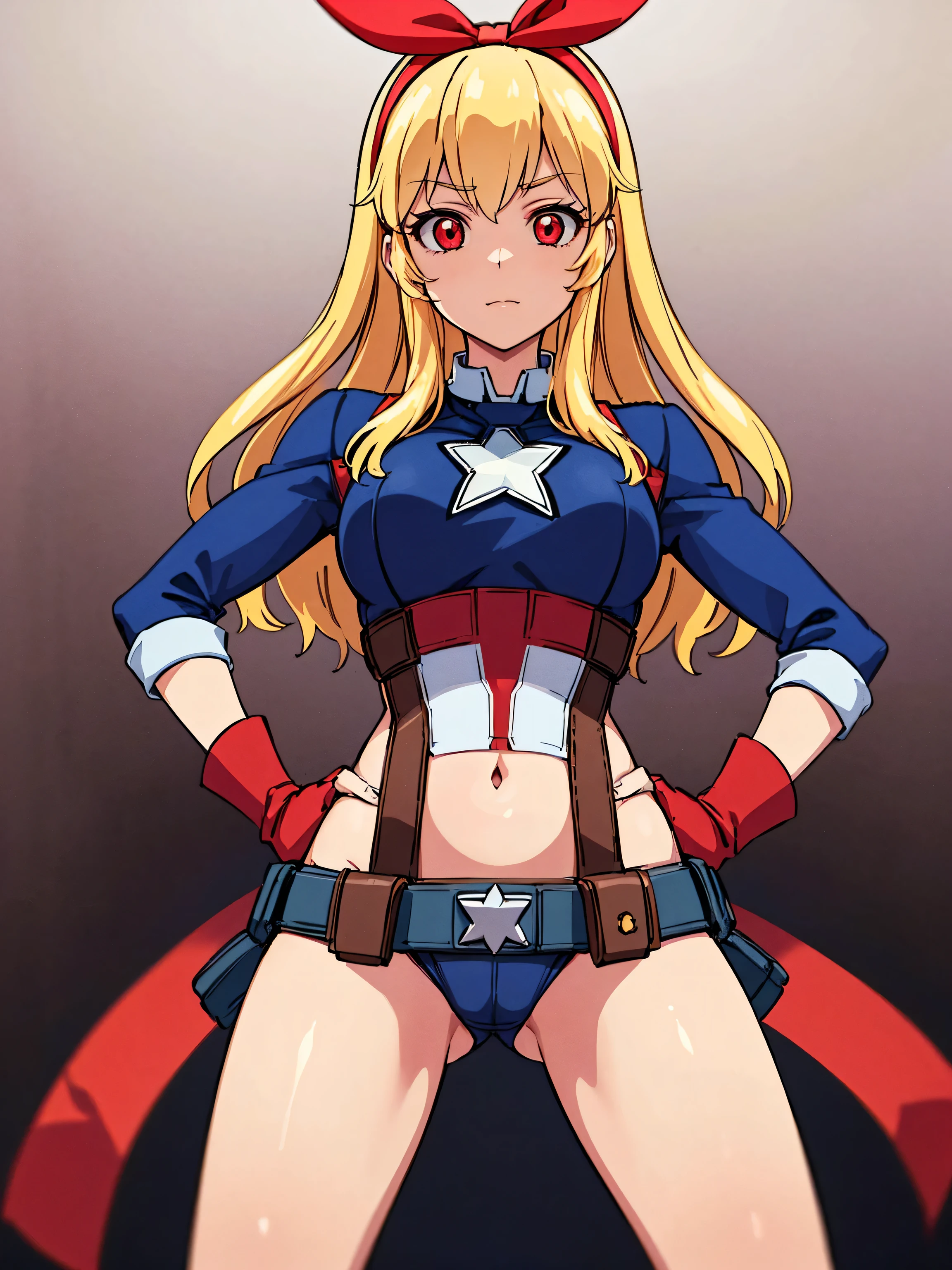 Blonde HAIR,(nsfw:0.7),(RED Ribbon on HAIRband:1.2),(Masterpiece, Superb Quality, Super Detailed, High Resolution), Female Focus, , (Captain America Suit), (Hands on Hips), (((Solo))), School, Background Detail, 