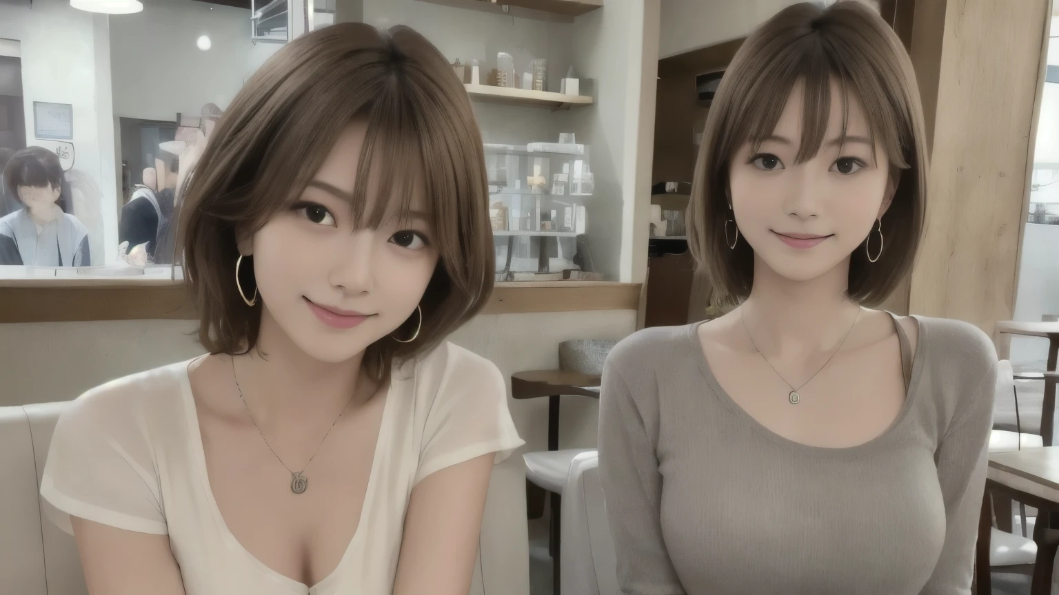 super high quality, Short Hair, Slender, Gravure photoshoot, The staff is working at the counter in the back., (8k、RAW Photos、highest quality、masterpiece:1.2), Japanese Idol, Shaggy, Sportswear, Stylish café, The cafe is crowded with people enjoying themselves., (Realistic、Photorealistic:1.37), Mesh Hair, Urban Cafe, Golden Ratio, Raw photo, Cute face , Light Brown Hair, Earrings, Small breasts, Bright cafe interior, Spring Clothes, necklace, Spoiled, Cafe Terrace, Open Cafe, Open Cafeの前に高級車, Smile, Hair blowing in the wind, Neat clothes, 18-year-old, younger sister, 
