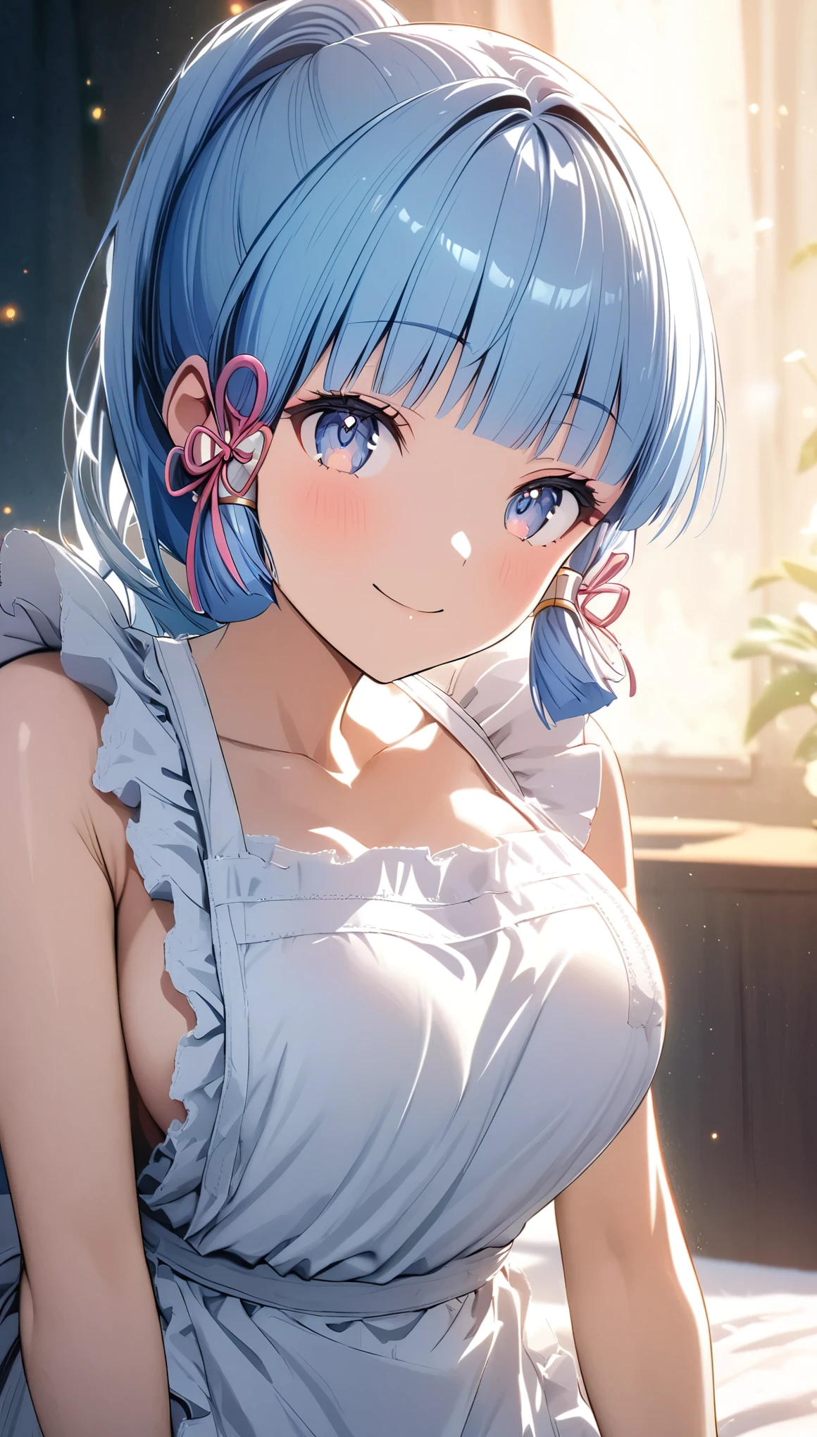 ayaka,((blue hair)), beautiful face,smiling, fit body,moderate breast,sitting on a bed,wearing white apron,illustration,detailed textures,ultra-detailed,portrait style,vivid colors,soft lighting , half body