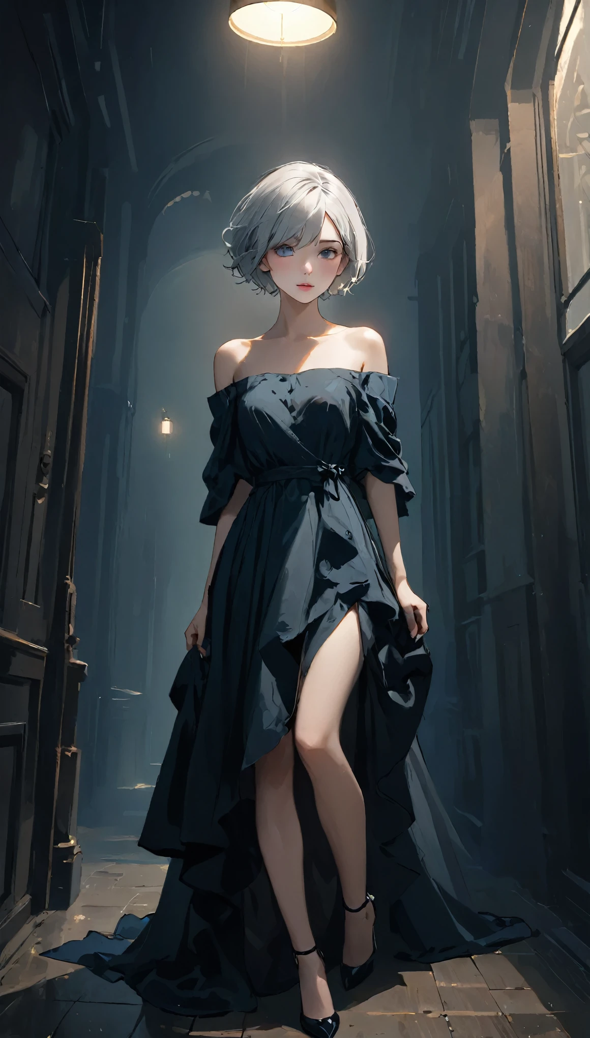 (highest quality, Tabletop:1.2, 超A high resolution, Realistic:1.5), RAW Photos, 1 girl, Off the shoulder, In the Dark, Deep Shadow, Subdued lighting, Cool Tones, Captivating Gaze, short hair, Foggy atmosphere, Mysterious atmosphere, Subtle highlights, Dramatic contrast, Elegant pose, Intense emotions, Mysterious Beauty, enchanting darkness, Attractive look　Silver Hair　Full body view 1.2　Beautiful feet　Stiletto heels
