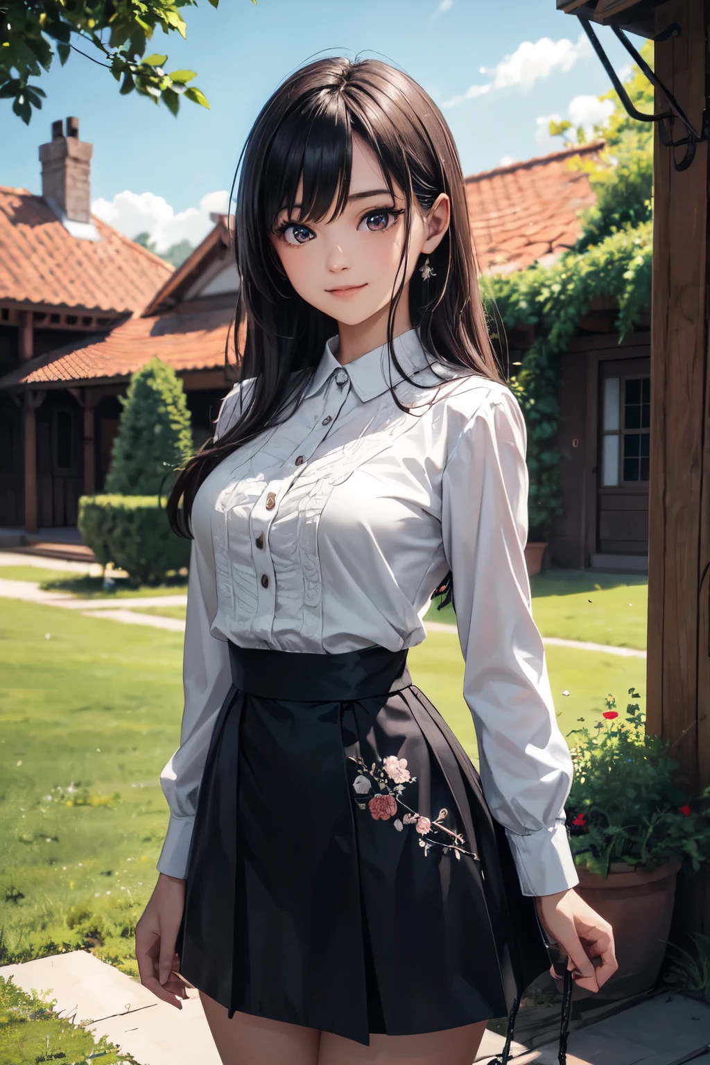 very cute and beautiful girl,(highly detailed beautiful face and eyes),(smile:1.2),
black hair,looking at viewer,arms behind back,beautiful legs,cowboy shot,
white blouse,long sleeve,elegant high-waist navy blue skirt with detailed frills,detailed floral embroidery,
elegant wooden arbor in flower garden,grassland,
(best quality,masterpiece),absurdres,highres,ultra-detailed,extremely detailed,32k,8k resolution,
intricate details,cinematic scene,detailed background,solo,dynamic angle,