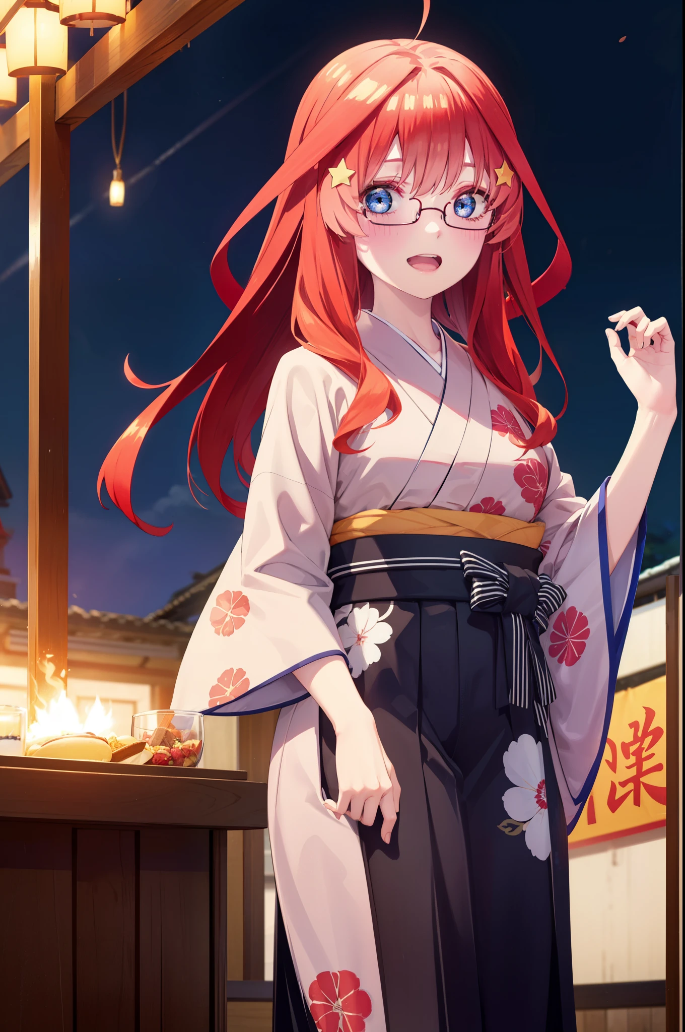 itsukinakano, Itsuki Nakano, bangs, blue eyes, Hair between the eyes, Ahoge, Redhead, star \(symbol\), hair ornaments, star hair ornaments,Akagi Glasses,smile,blush,Happy atmosphere,Open your mouth,Long Hair,Tie your hair back,red kimono,Thick sleeves,Sandals,White tabi,night空の花火,Fireworks display,Japanese Festivals,Summer festival food stalls,Red Lantern,night,イラストにwhole bodyが入るように, night
break outdoors, shrine, break looking at viewer,whole body,
break (masterpiece:1.2), highest quality, High resolution, unity 8k wallpaper, (shape:0.8), (Beautiful and beautiful eyes:1.6), Highly detailed face, Perfect lighting, Extremely detailed CG, (Perfect hands, Perfect Anatomy),