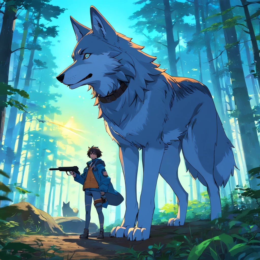 There is a wolf standing in the forest with a bright blue eye, grande lobo, Ele tem olhos de lobo amarelos, lobo azul, retrato do lobo da fantasia, an anthropomorphic wolf, anime exuberante john 8k madeiras, Lobo branco com olhos azuis, lobo, anthropomorphic wolf, lobo peludo, um lobo branco, anime raposa branca, um lobo antro , also has a hunter with a gun , pois esse lobo e lendario um lobo cyber punk