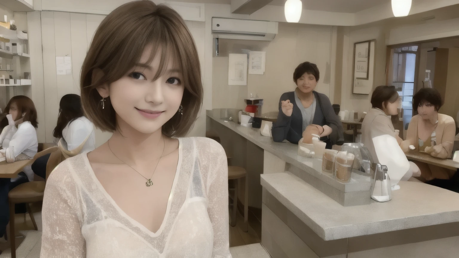 super high quality, Short Hair, Slender, Gravure photoshoot, The staff is working at the counter in the back., (8k、RAW Photos、highest quality、masterpiece:1.2), Japanese Idol, Shaggy, Sportswear, Stylish café, The cafe is crowded with people enjoying themselves., (Realistic、Photorealistic:1.37), Mesh Hair, Urban Cafe, Golden Ratio, Raw photo, Cute face , Light Brown Hair, Earrings, Small breasts, Bright cafe interior, Spring Clothes, necklace, Spoiled, Cafe Terrace, Open Cafe, Open Cafeの前に高級車, Smile, Hair blowing in the wind, Neat clothes, 18-year-old, younger sister,