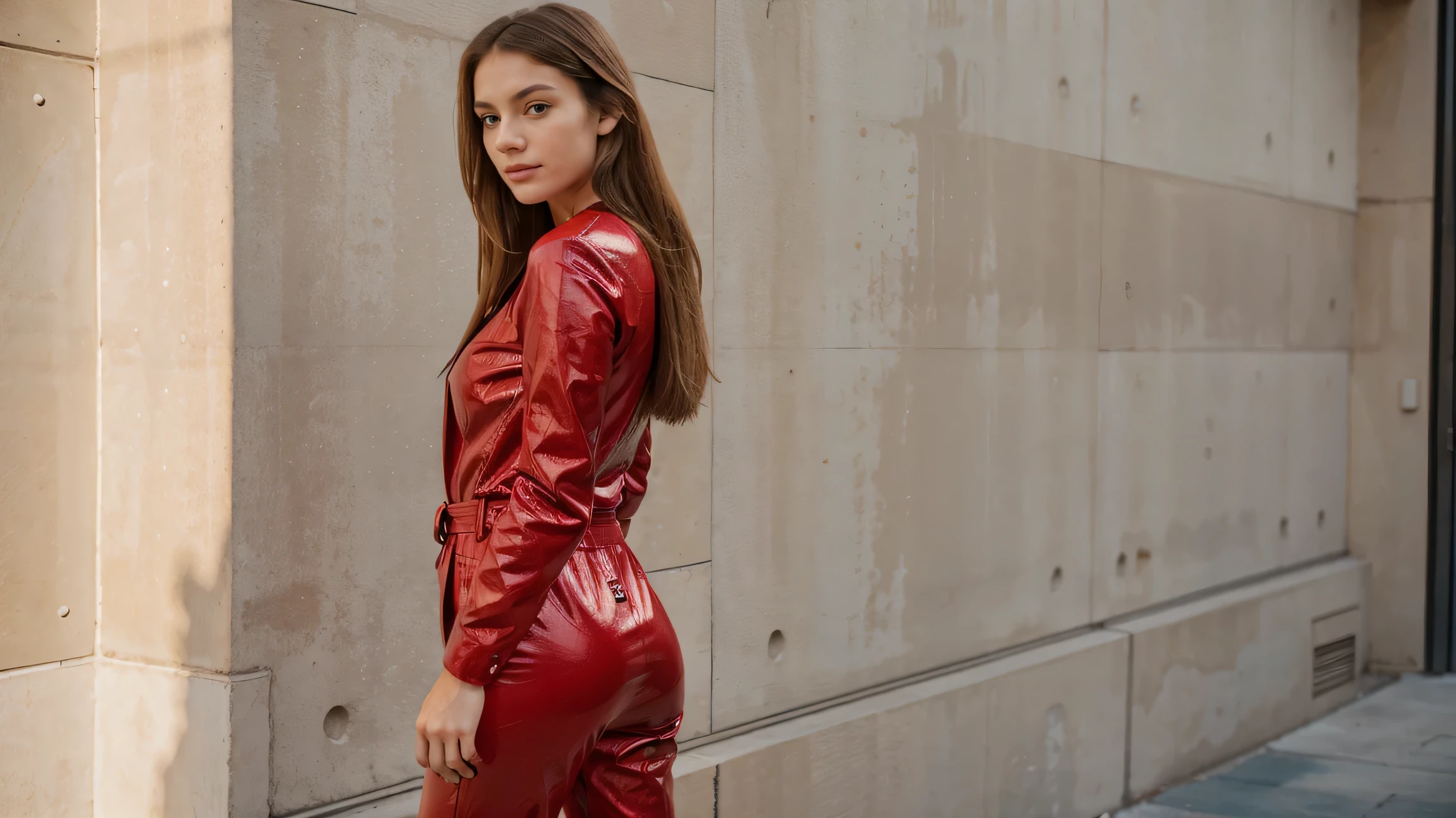 Body shot, full body, side shot, a 18 year old gorgeous woman, small breast, slight smirk, sexy expression, detailed skin face and eyes, natural lighting, long hair, low contrast, natural face, freckles around her nose, dark blonde hair, brown and blue eyes, peachy ass, standing, facing sideways looking at the camera, in a luxury shopping mall, red leather shiny jumpsuit, white nike airforce 1 sneakers, epiCNegative