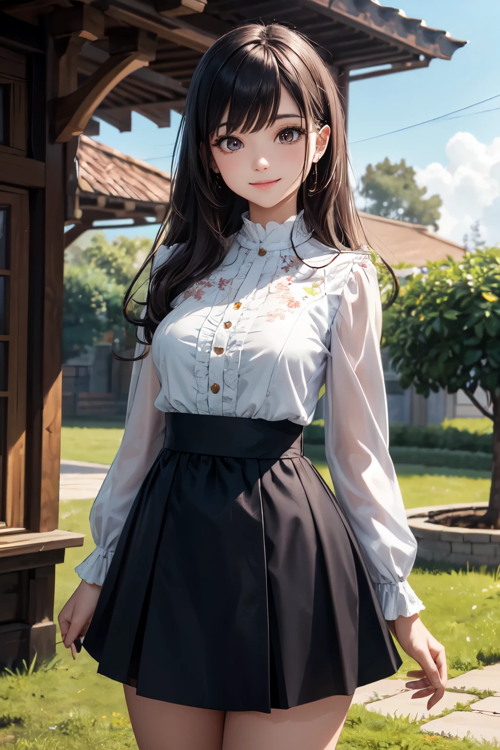 very cute and beautiful girl,(highly detailed beautiful face and eyes),(smile:1.2),
black hair,looking at viewer,arms behind back,beautiful legs,cowboy shot,
white blouse,long sleeve,elegant high-waist navy blue skirt with detailed frills,detailed floral embroidery,
elegant wooden arbor in flower garden,grassland,
(best quality,masterpiece),absurdres,highres,ultra-detailed,extremely detailed,32k,8k resolution,
intricate details,cinematic scene,detailed background,solo,dynamic angle,