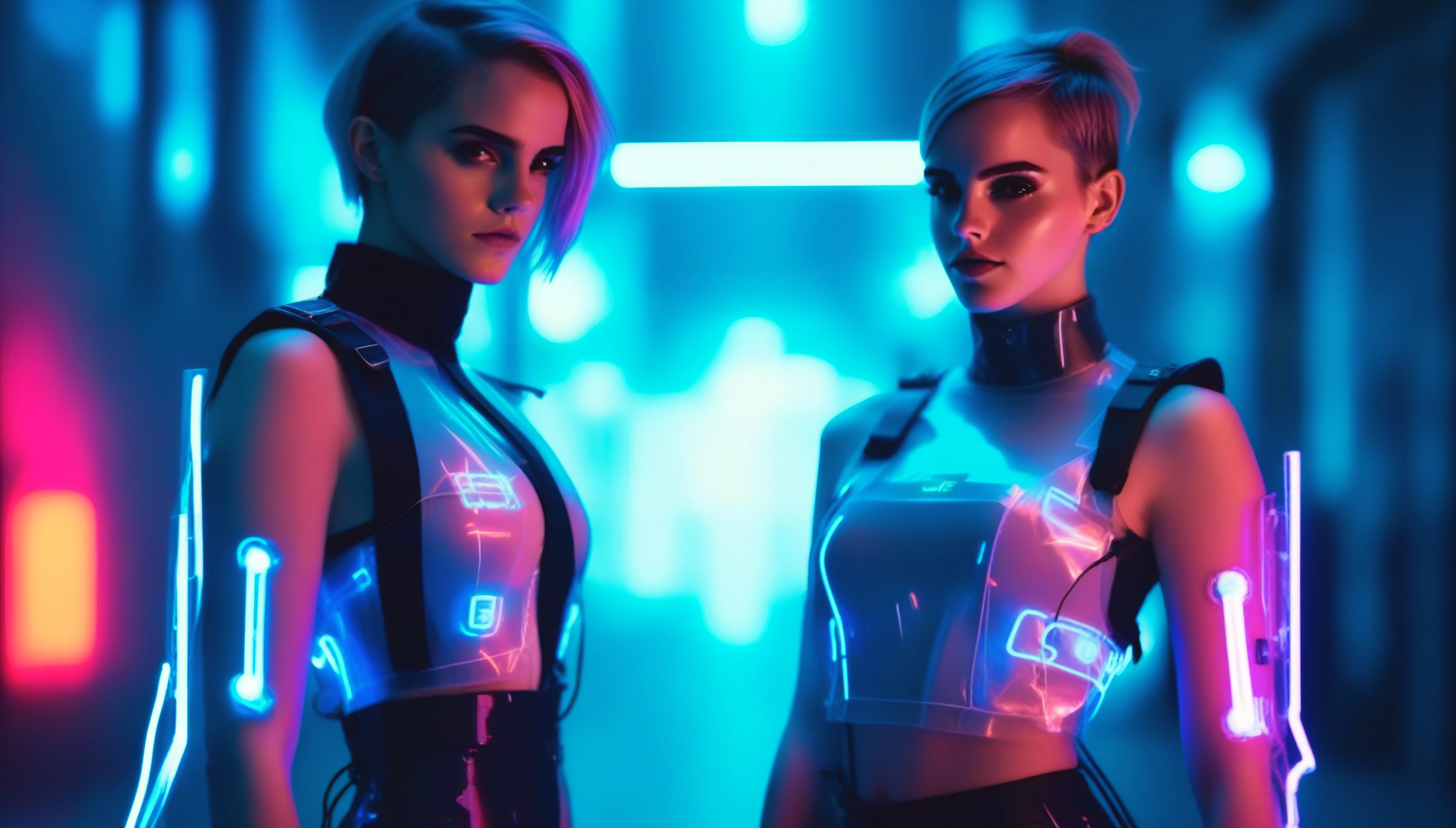 Two young female hackers in front of a cyberpunk metropolis at night, neon lights, facing the viewer, holding a cyberdeck with a transparent screen, short silverwhite undercut haircut, immaculate skin, thoughtful look on the face, sweat on the skin, full lips, small breasts, legs crossed, fullbody black and red translucent skintight cyberpunk underarmor with intricate hexagon pattern, synthetic utility vest with attached wearable computer, utility belt with multimeter and some probes attached, thigh high translucent latex boots, cutoff gloves, no makeup, natural fingernails, emma watson, edgFut_clothing, neons, electric circuits