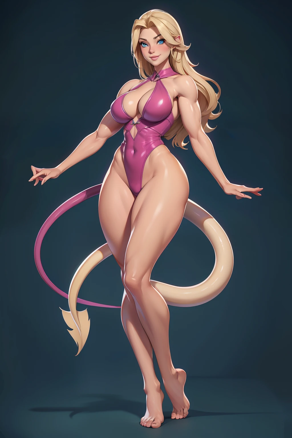 full body shot,she is standing on tiptoe, barefoot,Best Quality, 超A high resolution, Photo Shot, (Photorealistic:1.4), blonde, (Succubus, with long tail), sexy body, voluptuous, Detailed eyes, Detailed face, lightsmile,she is barefoot.she is standing, on tiptoe, perfect face, blue eyes, pale skin, porcelain skin, hourglass body,pink breasts, sagging breasts, defined abdomen, thighs with visible muscles, thick legs, muscular calves, perfect feet. full bush pubic hair,