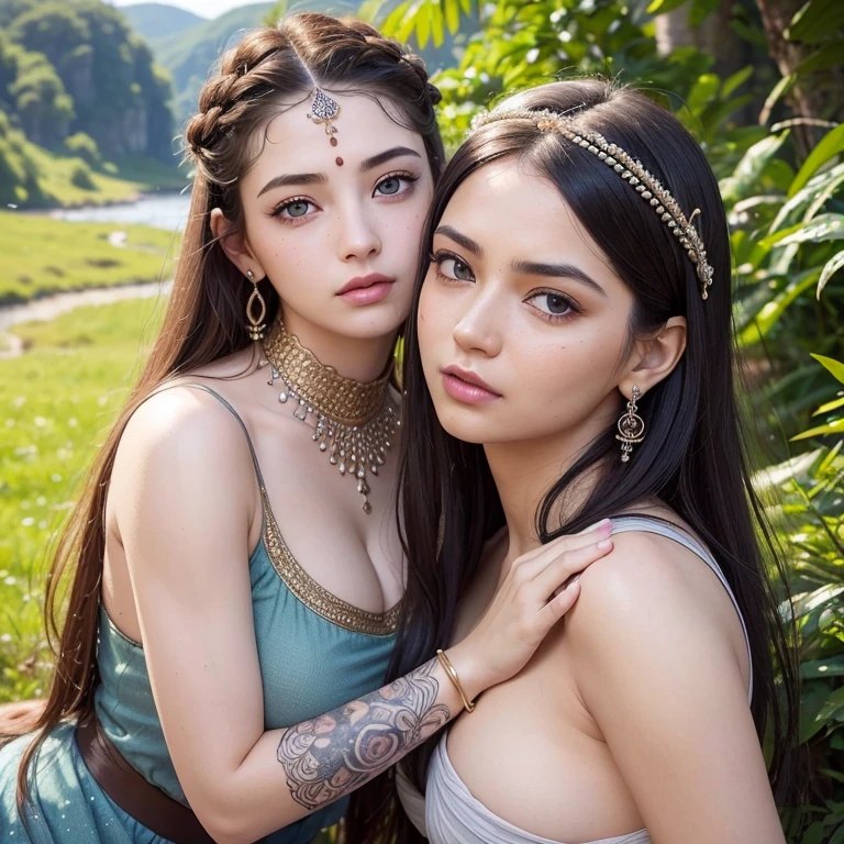 ((realistic:1.5)),((best quality)), ((masterpiece)),((detailed)),2girls,duo,{2 beautiful female}, (upper body:1.3),hugging and touching each other, teasing her friend's waist, gasping friend, biting her friend's ear lobe, squatting,super-wide-angle lens,face focus,long legs,curvy, barefoot, medium breasts, open cleavage,long black hair,floting hair,long eyelashes, (detailed face,beautiful eye, detailed pupilss,detailed clothes features, clear background:1.3), (Bindi,Jhumkas:1.3),mysterious ancient ruin, lush forests, deep canyons,bridge,river,cliff,cloud,lakes,rock,waterfalls, flowers, grass,vine,tree,bright details,sharp,perfect composistion, Intricate, Sharp focus, dramatic,