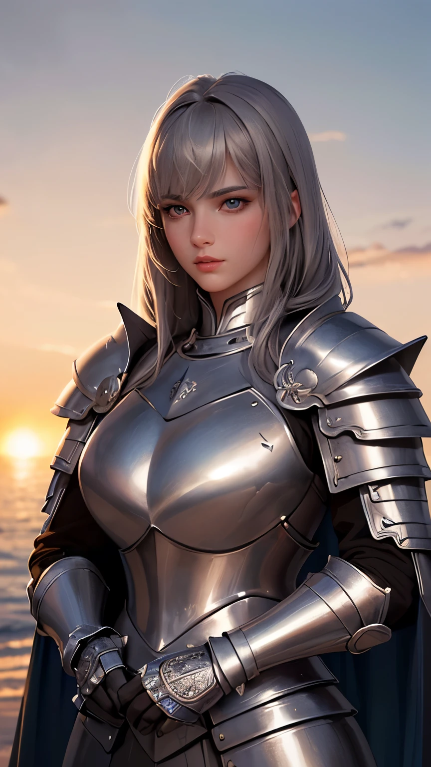 (highest quality,8k,masterpiece,Surreal),Female knight in armor,(Detailed eyes,Beautiful Eyes,Detailed skin,Detailed lips,Lip gloss),Sunburned skin,huge ,narrow,(Armor with great attention to detail,Precision Armor,Luxurious Armor),((whole body)),((Realistic hand holding a sword))