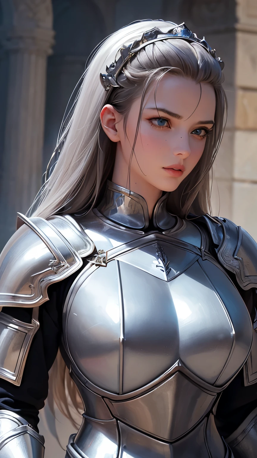 (highest quality,8k,masterpiece,Surreal),Female knight in armor,(Detailed eyes,Beautiful Eyes,Detailed skin,Detailed lips,Lip gloss),Sunburned skin,huge ,narrow,(Armor with great attention to detail,Precision Armor,Luxurious Armor),((whole body)),((Realistic hand holding a sword))