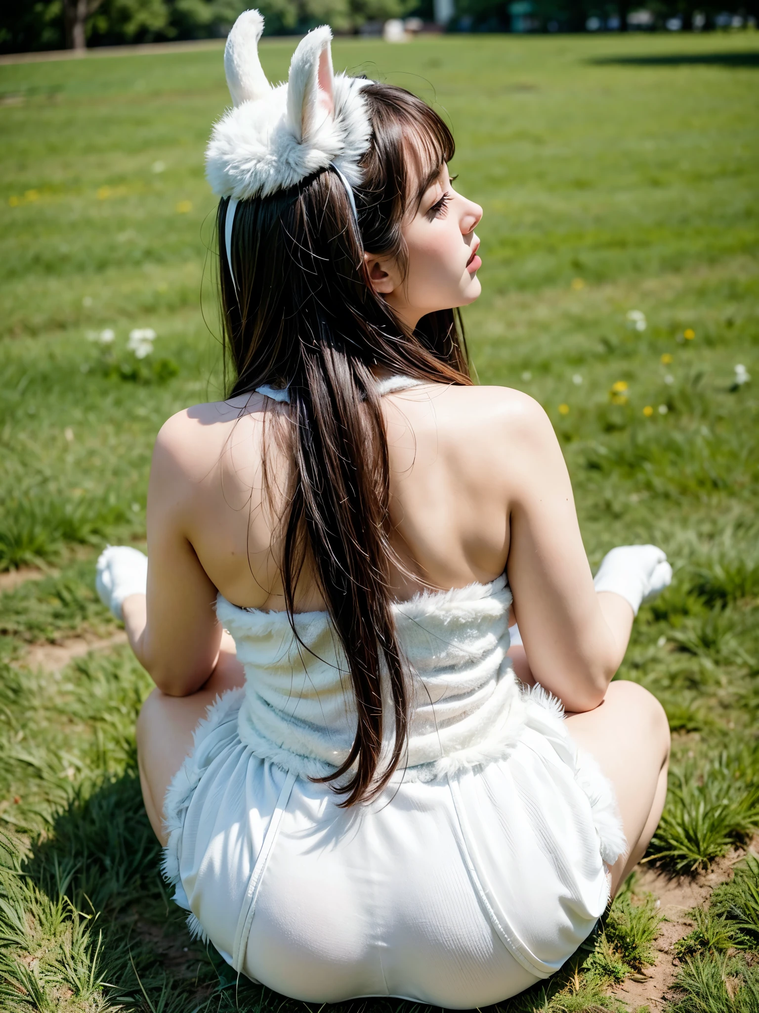 Top quality: 1.4, high resolution, perfect lighting, one woman, big butt, white fluffy rabbit cosplay, crawling on all fours, facing her back, turning around, grassland