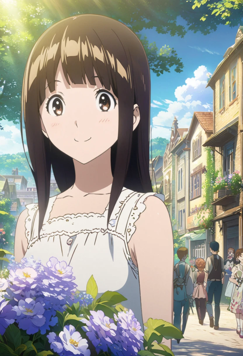 Cartoon smiling girl looking at the sun in the city among flowers, official artwork, Beautiful anime artwork, Beautiful anime, Beautiful peaceful scenes in anime, Beautiful anime scene, Anime Background Art, On a sunny day, Beautiful artistic illustration, Beautiful anime art, Official Anime Artwork, official art, Beautiful anime scenery, summer morning light, pixiv artstation on Google