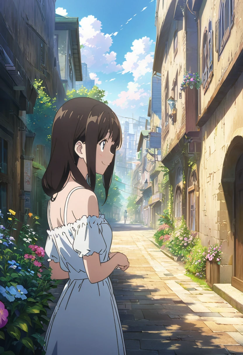 Cartoon smiling girl looking at the sun in the city among flowers, official artwork, Beautiful anime artwork, Beautiful anime, Beautiful peaceful scenes in anime, Beautiful anime scene, Anime Background Art, On a sunny day, Beautiful artistic illustration, Beautiful anime art, Official Anime Artwork, official art, Beautiful anime scenery, summer morning light, pixiv artstation on Google