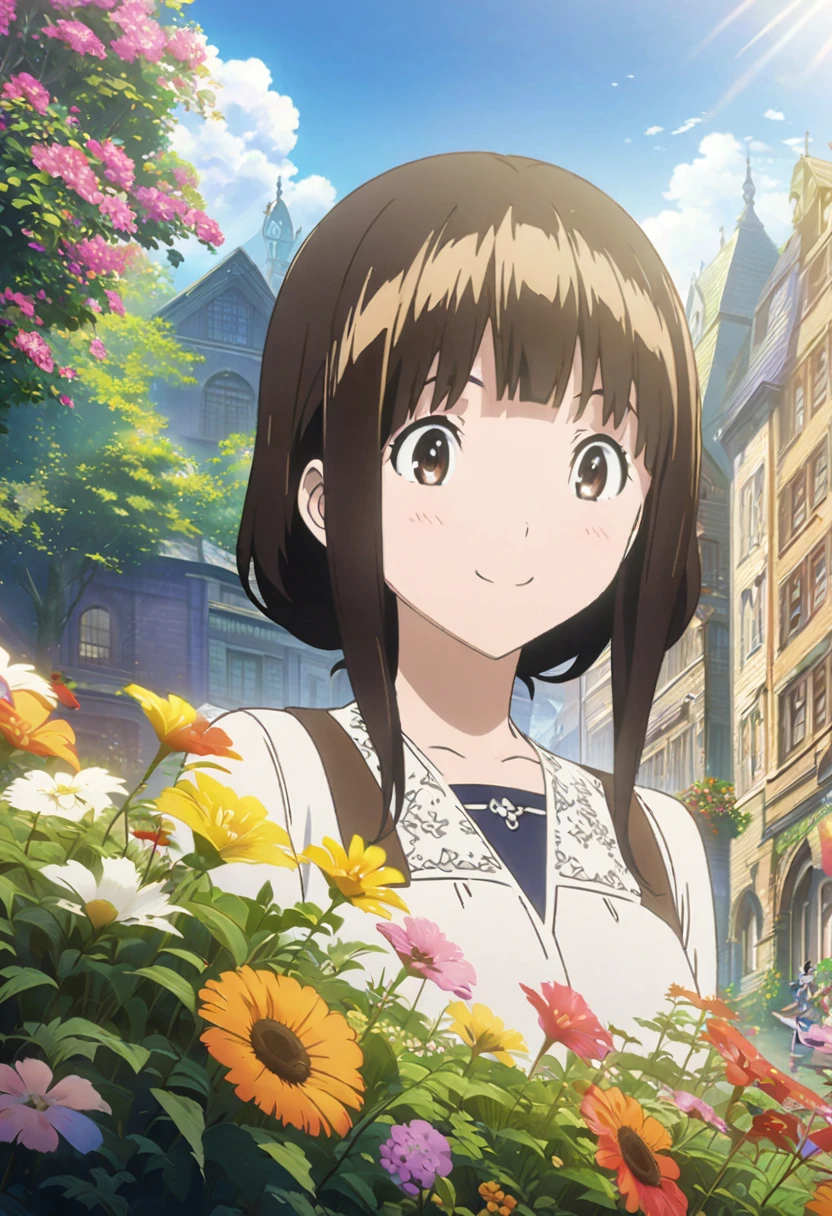 Cartoon smiling girl looking at the sun in the city among flowers, official artwork, Beautiful anime artwork, Beautiful anime, Beautiful peaceful scenes in anime, Beautiful anime scene, Anime Background Art, On a sunny day, Beautiful artistic illustration, Beautiful anime art, Official Anime Artwork, official art, Beautiful anime scenery, summer morning light, pixiv artstation on Google