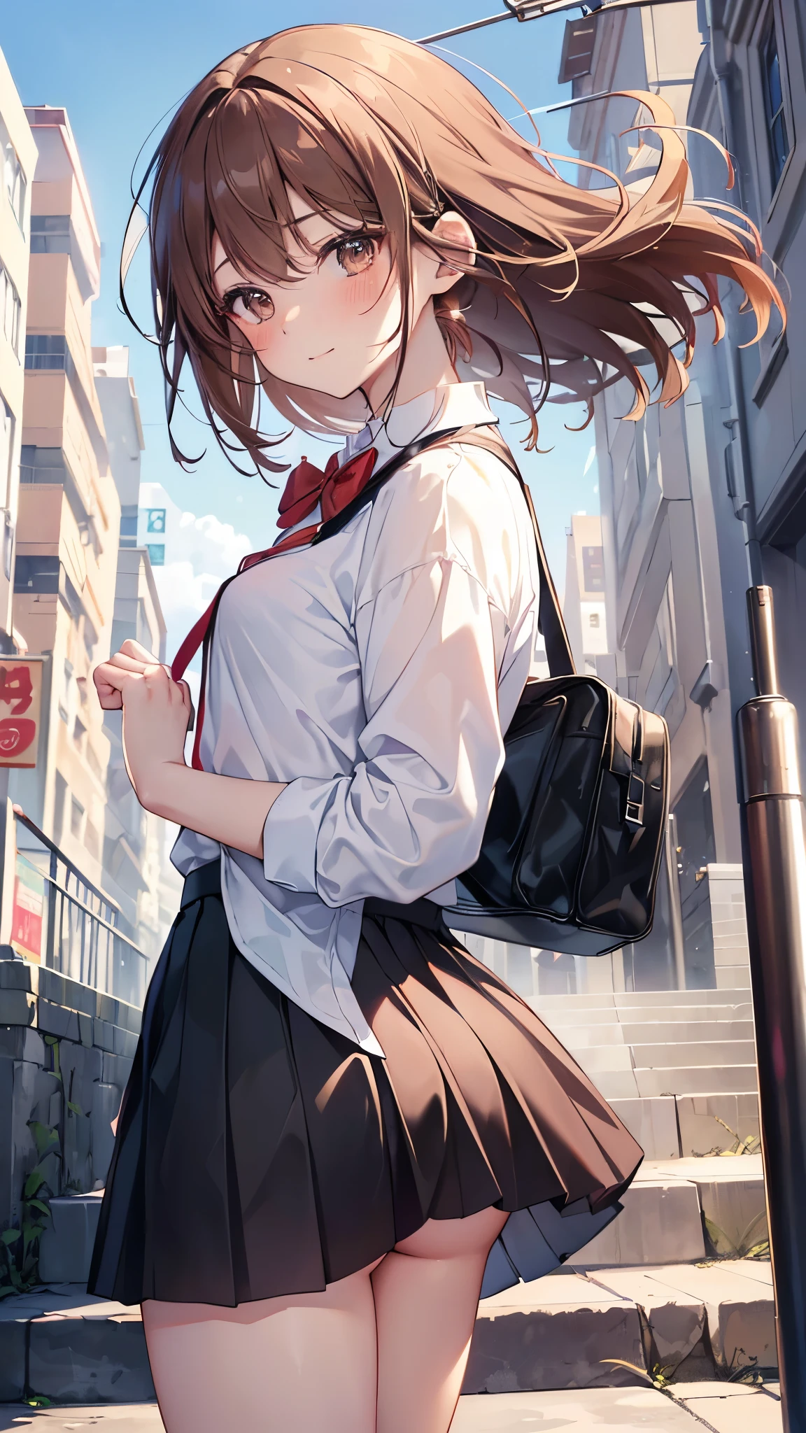 ((Tabletop, highest quality, High resolution, Perfect Pixel, 4K,))), 1 girl, single, alone, Beautiful woman、I could see the whole body、 ((Mid-wave hair, bangs, Brown Hair)), ((Brown eyes, Beautiful eyelashes, Realistic eyes)), ((Detailed face, blush:1.2)), ((Smooth texture:0.75, Realistic texture:0.65, Realistic:1.1, Anime CG Style)), Medium chest, Dynamic Angle, Perfect body, ((Red bow tie, , , White shirt, Black Skirt, Checked skirt)), City stairs、Angle looking up from the bottom of the stairs、Very embarrassing panic smile、Open your mouth in amazement、 looked back、(Leaning forward)、(The wind blew up her skirt, exposing her buttocks..........................、Stick your butt out、Touch your buttocks with both hands、White lace panties)